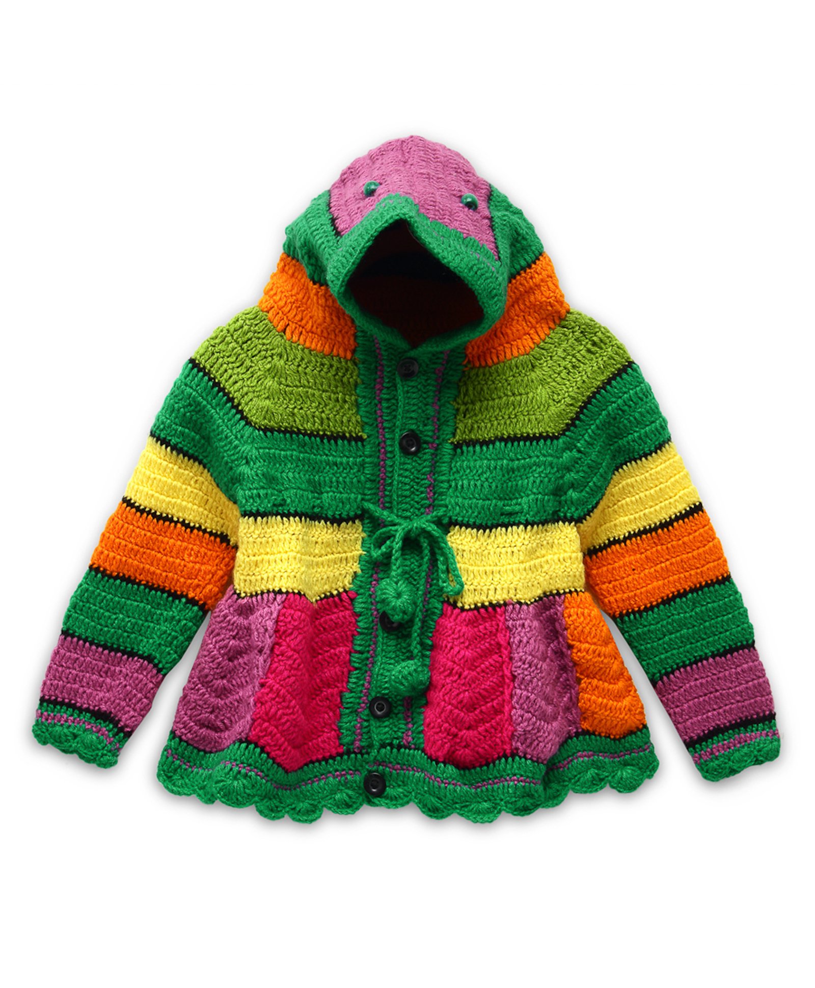 MayRa Knits Full Sleeves Knitted Striped Crotcheted Hooded Sweater - Green-image-45