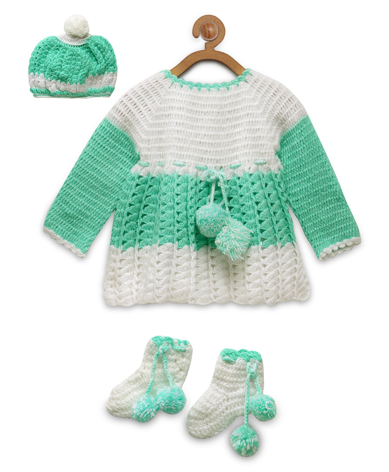 MayRa Knits Knitted Full Sleeves Colour Blocked Crotcheted Sweater Dress With Coordinating Cap & Socks Set - Green-image-7