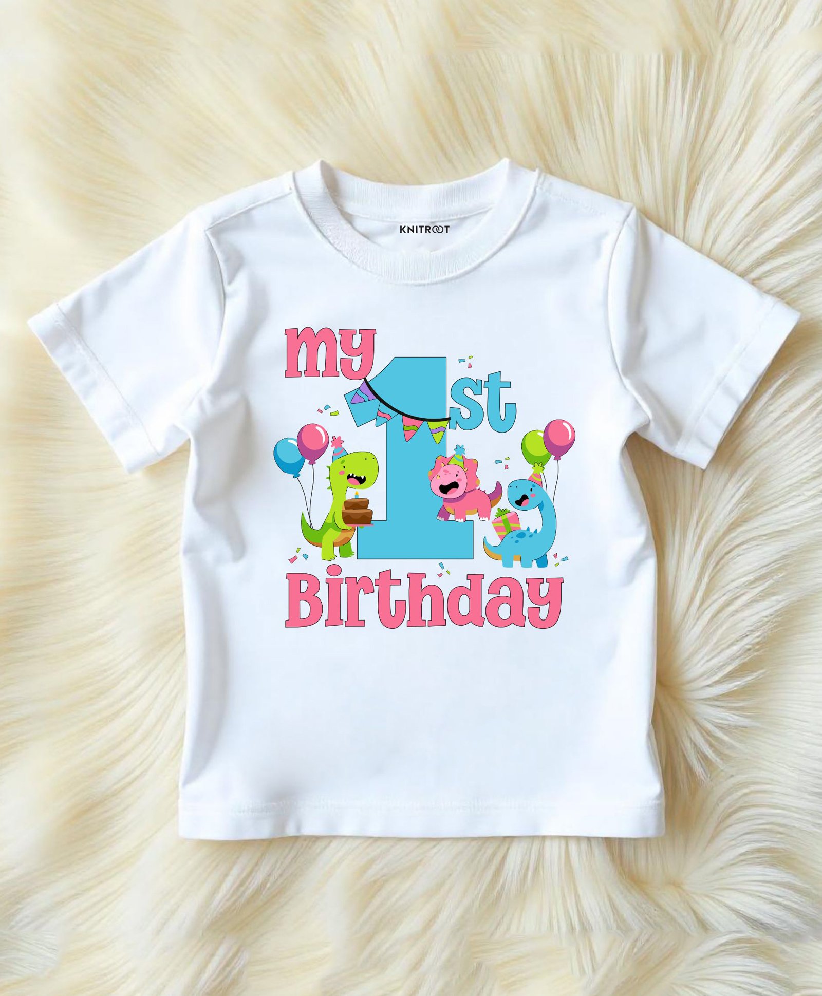 KNITROOT Birthday Theme Half Sleeves My 1St Birthday Text Printed Tee - White-picture-26