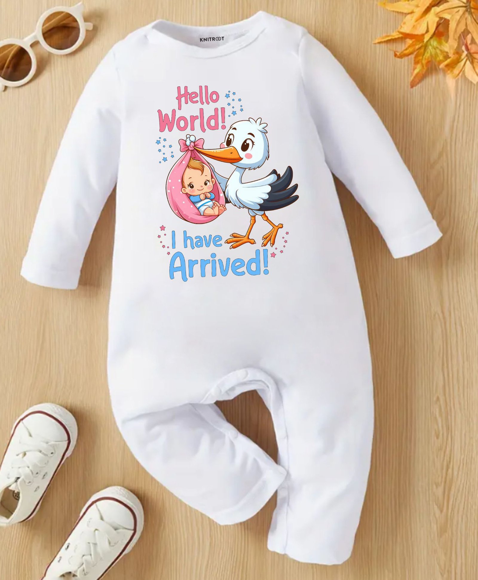 KNITROOT New Born Theme Full Sleeves Hello World I Have Arrived Text Printed Romper - White-image-38