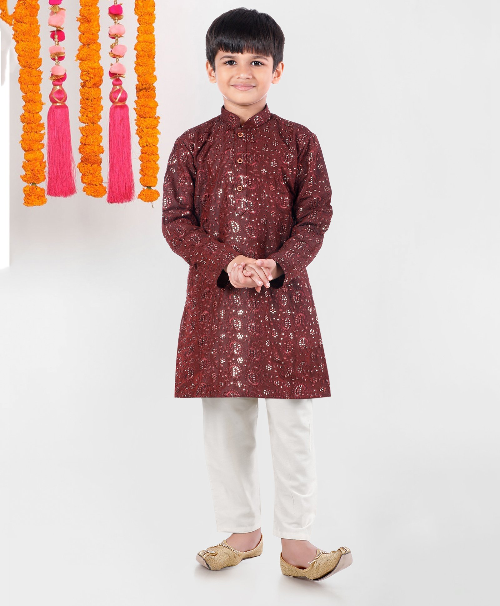 Pehanaava Cotton Blend Full Sleeves Floral Embroidered & Sequins Embellished Kurta Pyjama Set - Wine & White-image-30