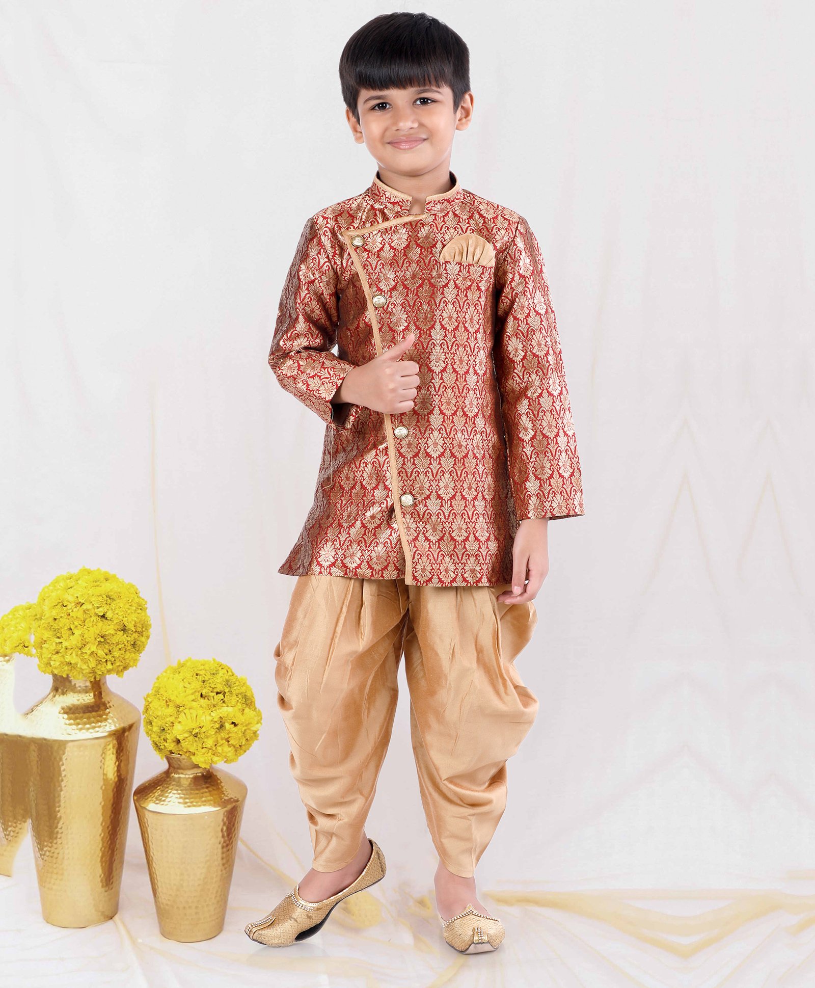 Pehanaava Brocade Full Sleeves Damask Foil Printed Sherwani With Dhoti Set - Red-image-3