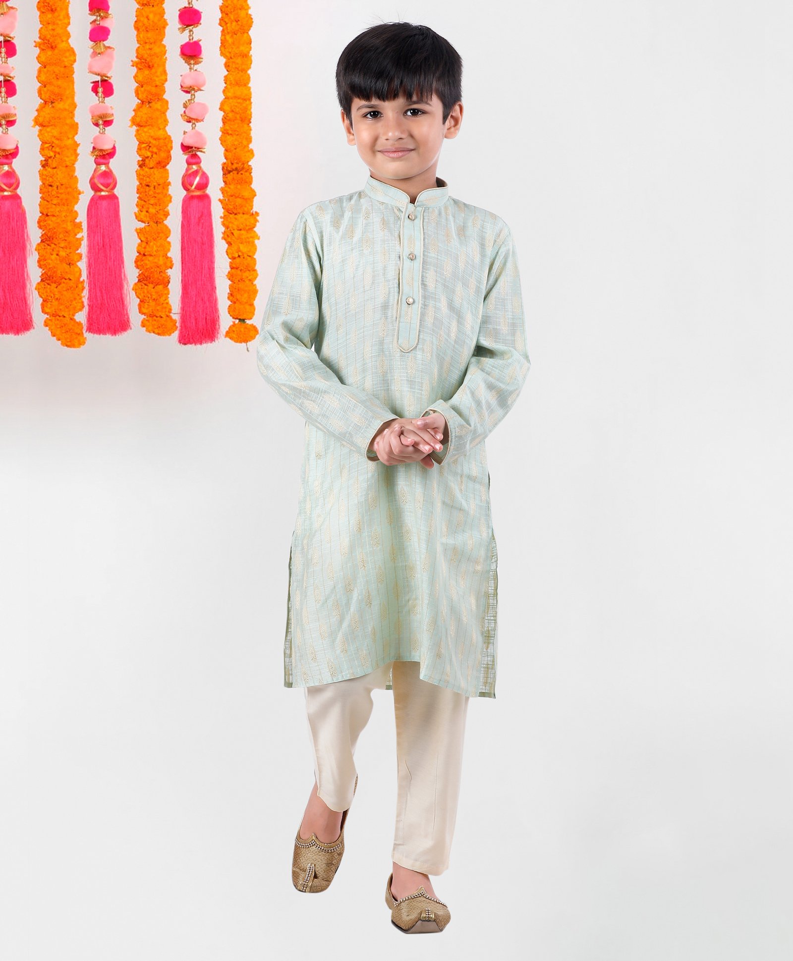 Pehanaava Cotton Full Sleeves Ethnic Motif Foil Printed Kurta Pyjama Set - Aqua Blue-image-33