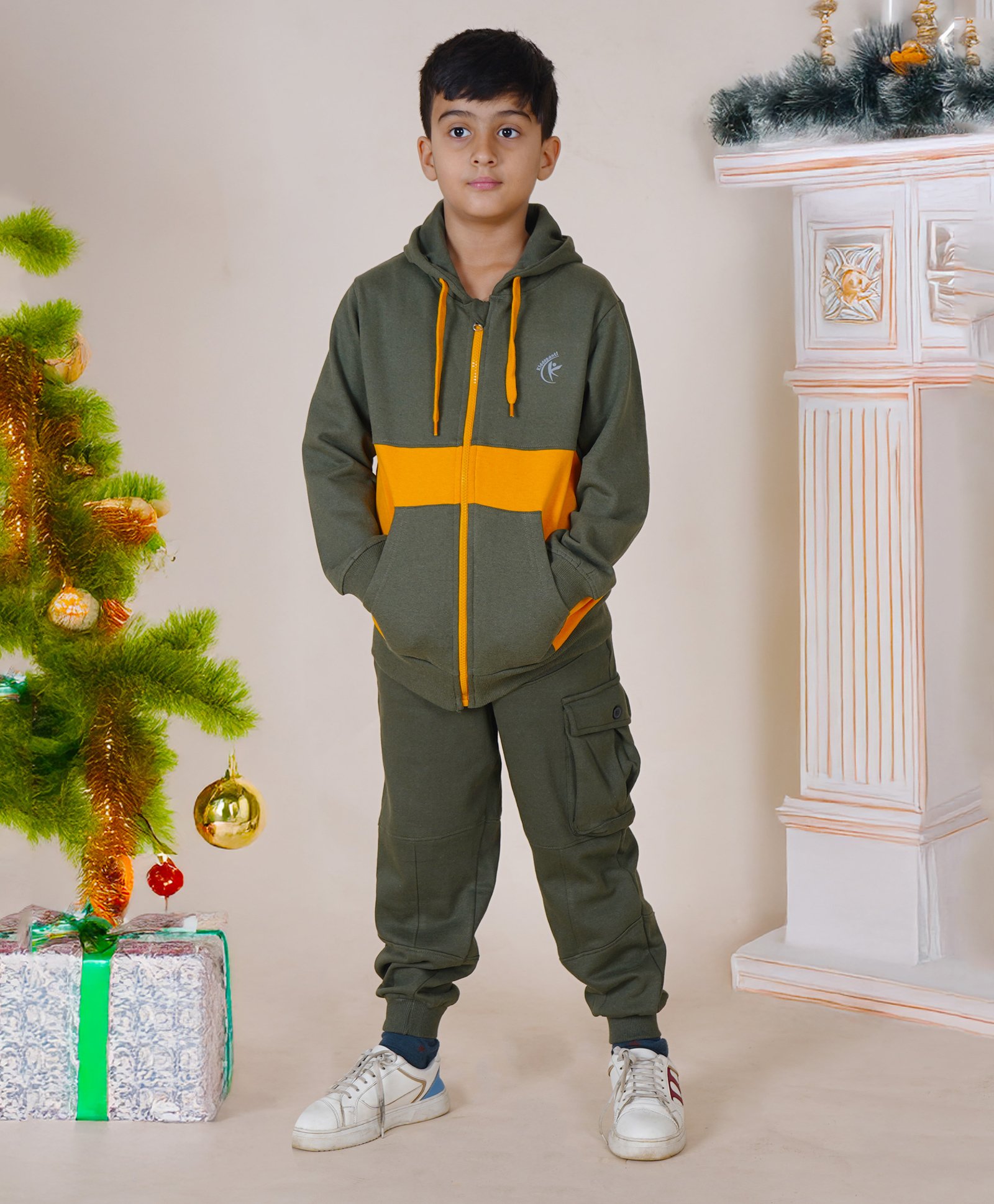 Kiddopanti Fleece Full Sleeves Front Zip Up Cut And Sew Hooded Sweatshirt With Joggers - Military Green & Mustard-picture-23