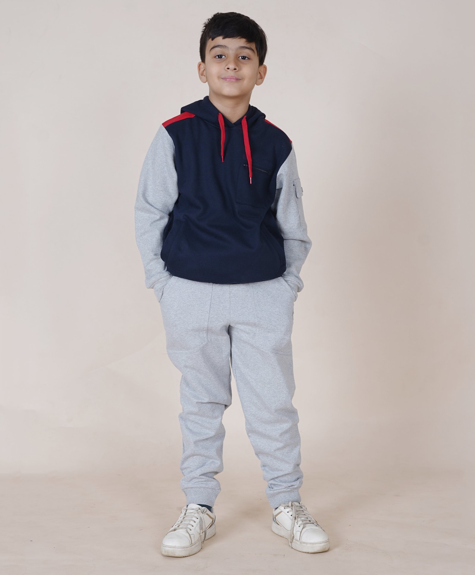 Kiddopanti Fleece Full Sleeves Cut & Sew Pocket Hooded Sweatshirt With Joggers - Navy & Grey Melange-picture-10