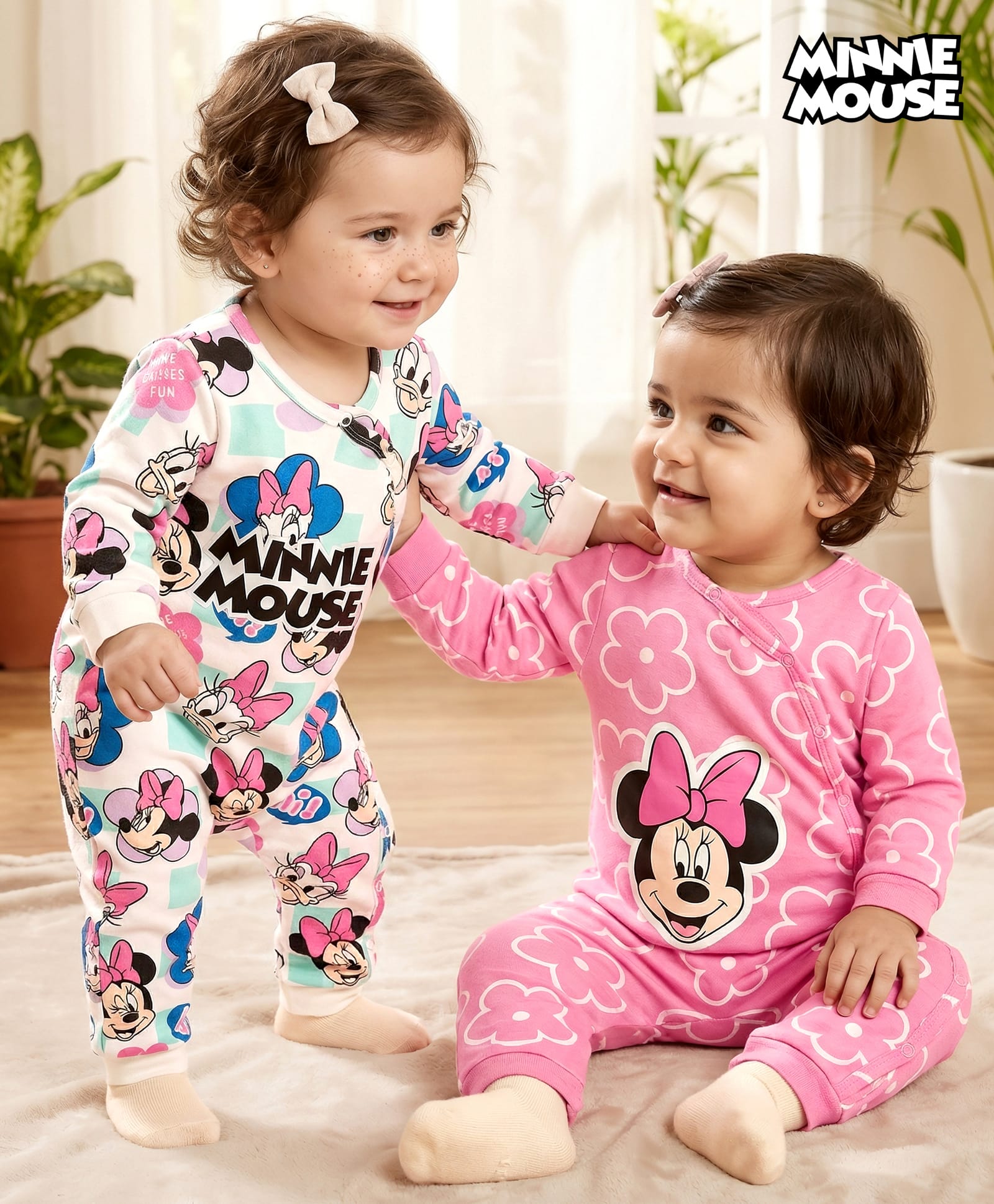 Babyhug Disney Interlock Knit Full Sleeves Rompers With Minnie Mouse Graphics Pack of 2 - Pink & White-image-40