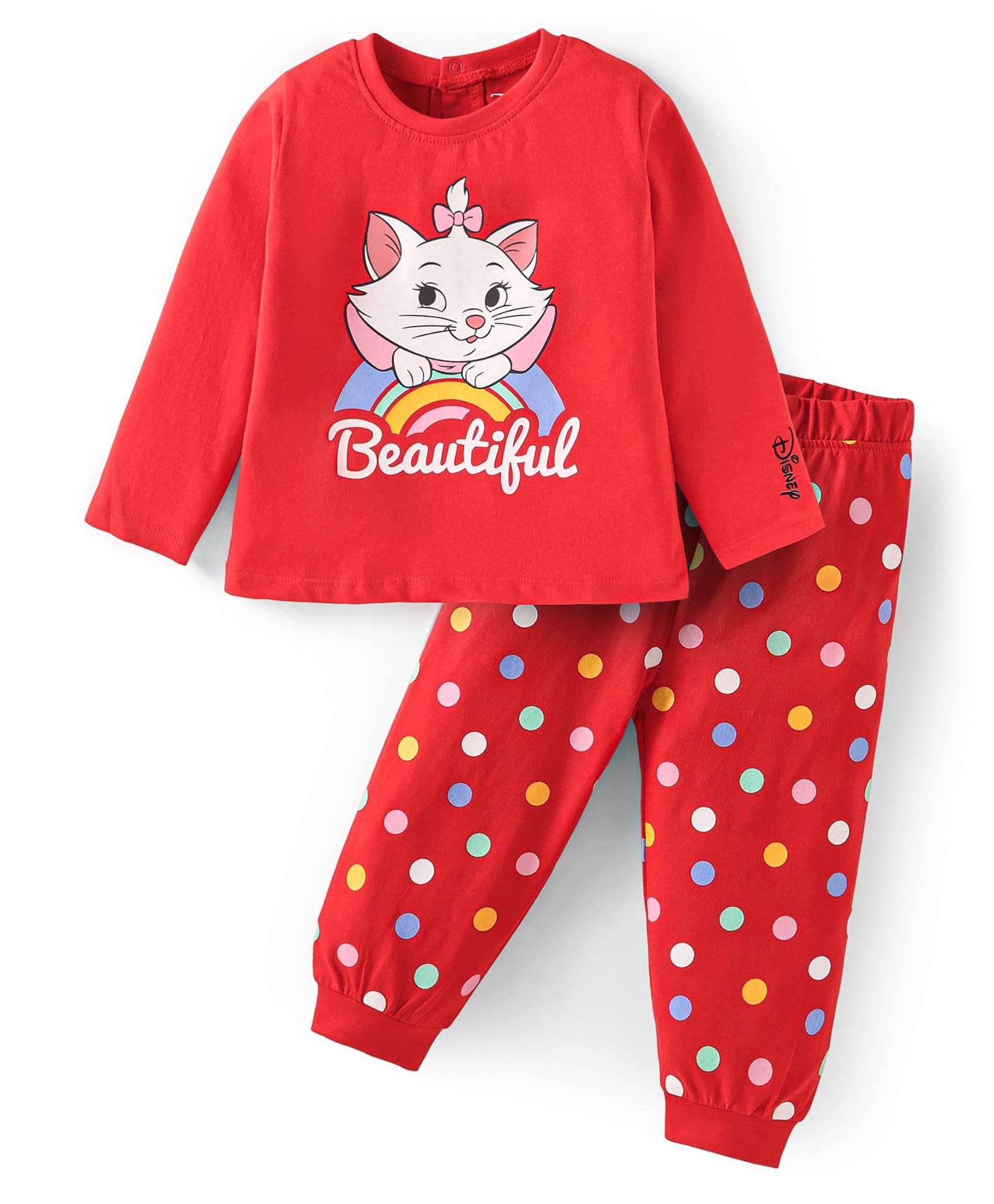 Babyhug Disney Single Jersey Knit Full Sleeves Night Suit With Marie Graphics & Badge Detailing - Red-image-38