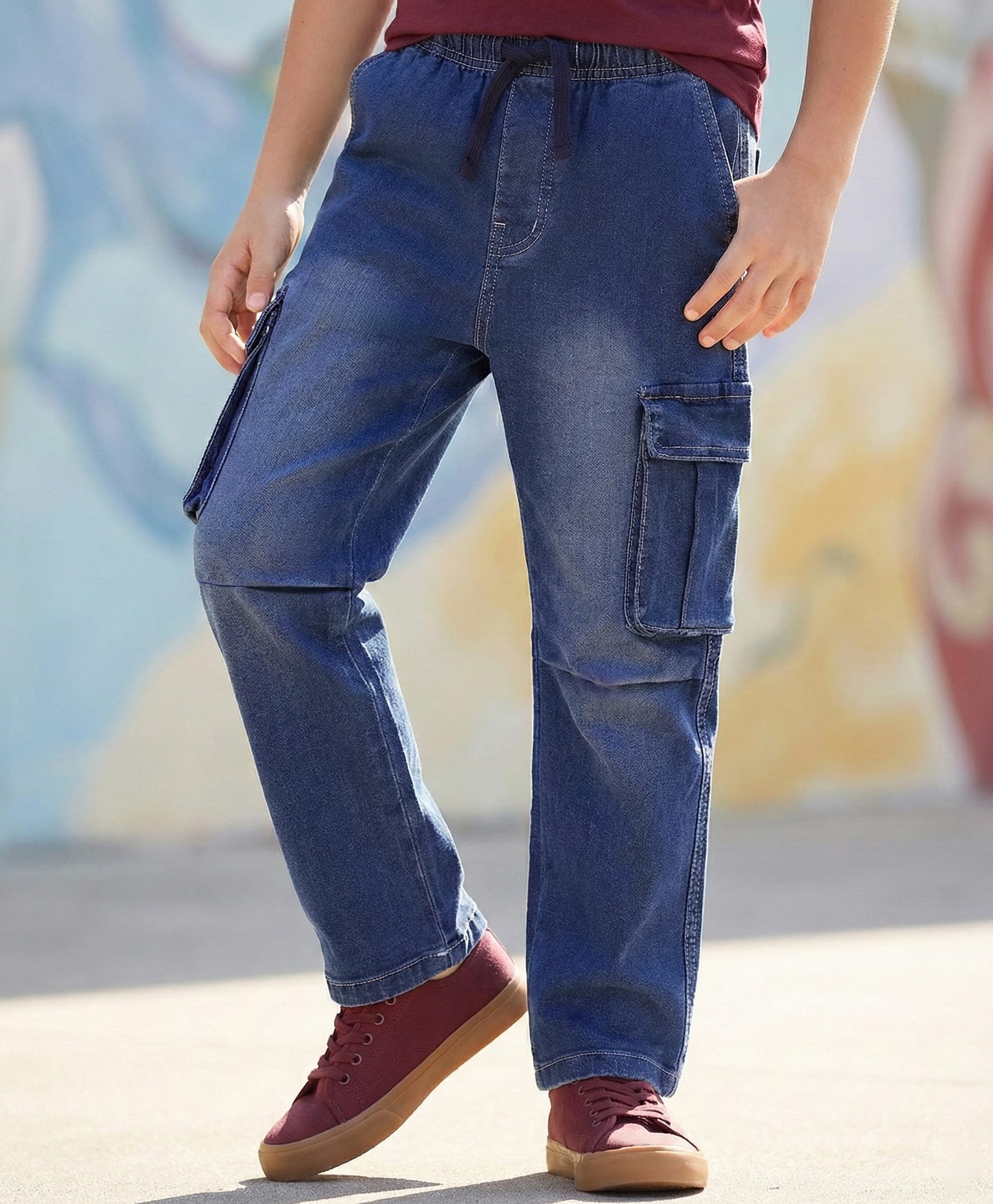 Pine Kids Woven Full Length Washed Denim Jeans With Cargo Pockets - Blue-picture-28