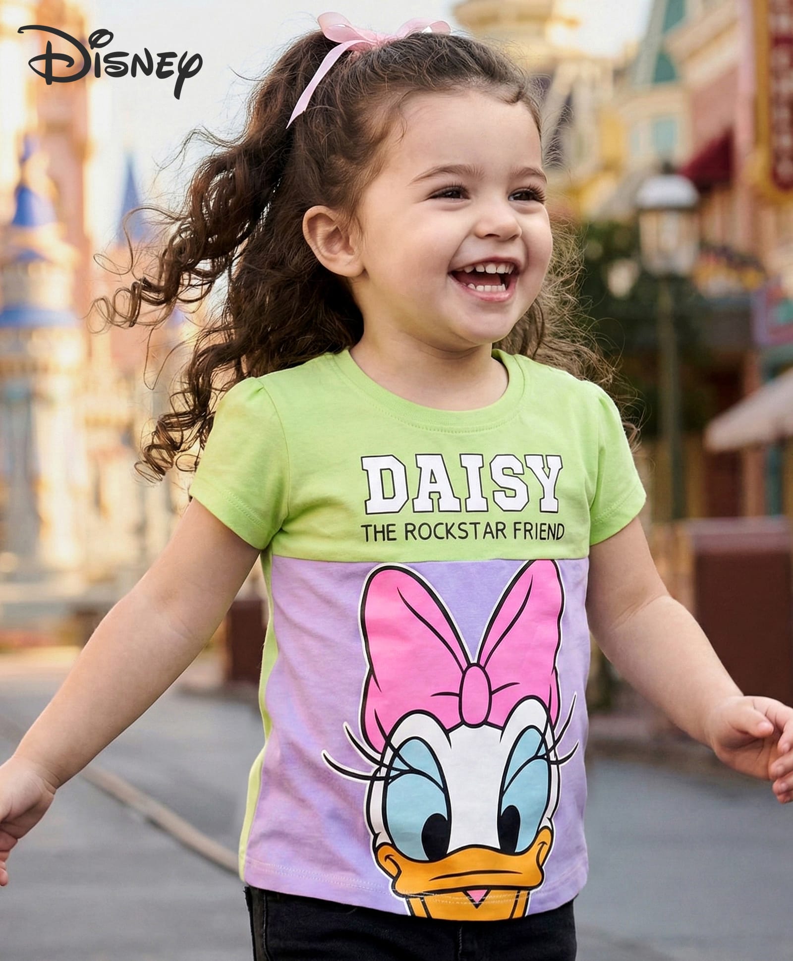 Babyhug Disney Single Jersey KnitHalf Sleeve Cut & Sew Top With Daisy Duck Graphic - Light.Green & Purple-image-38