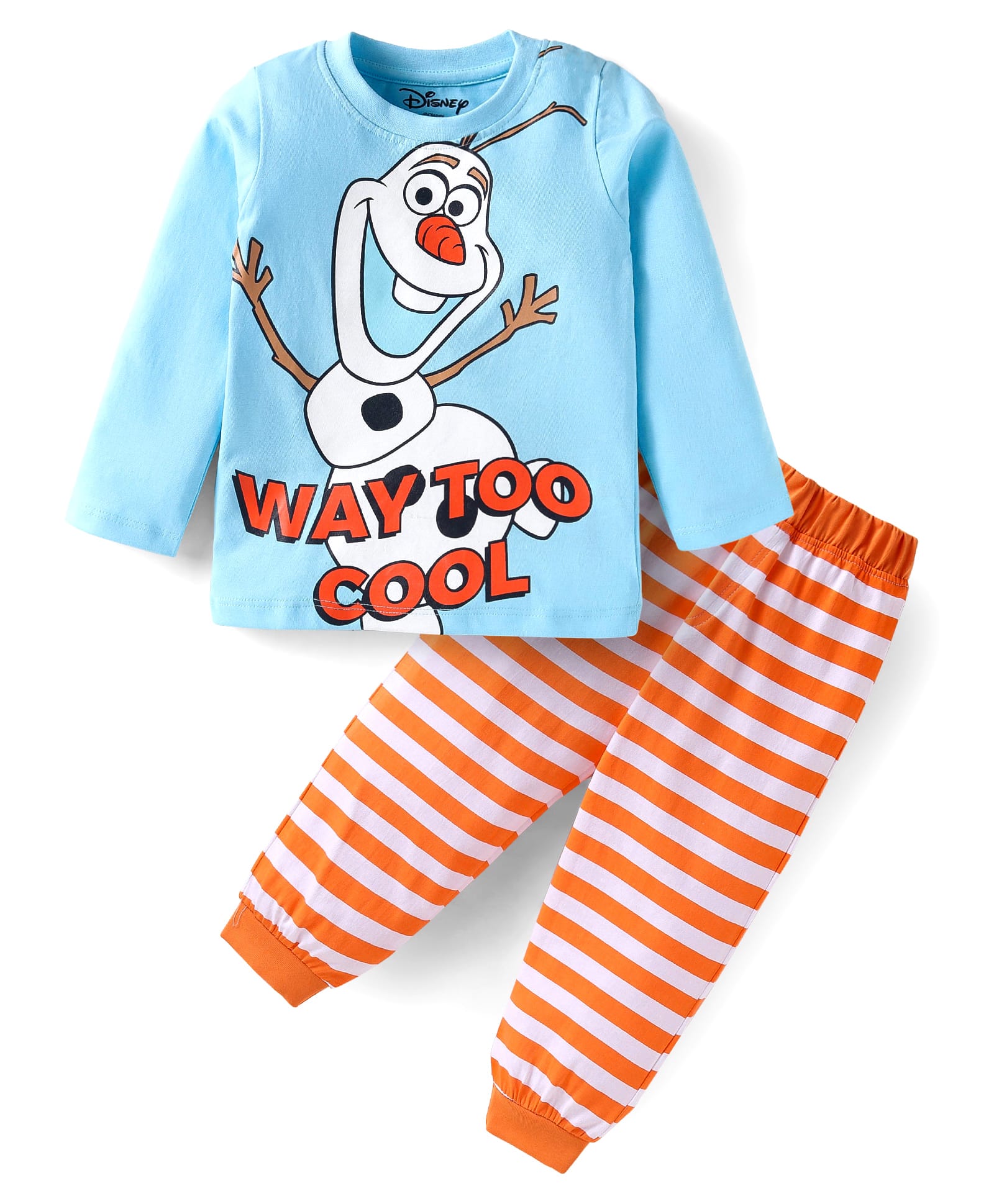 Babyhug Disney Single Jersey Knit Full Sleeves Night Suit Set With Olaf Graphic - Light Blue & Orange-image-47