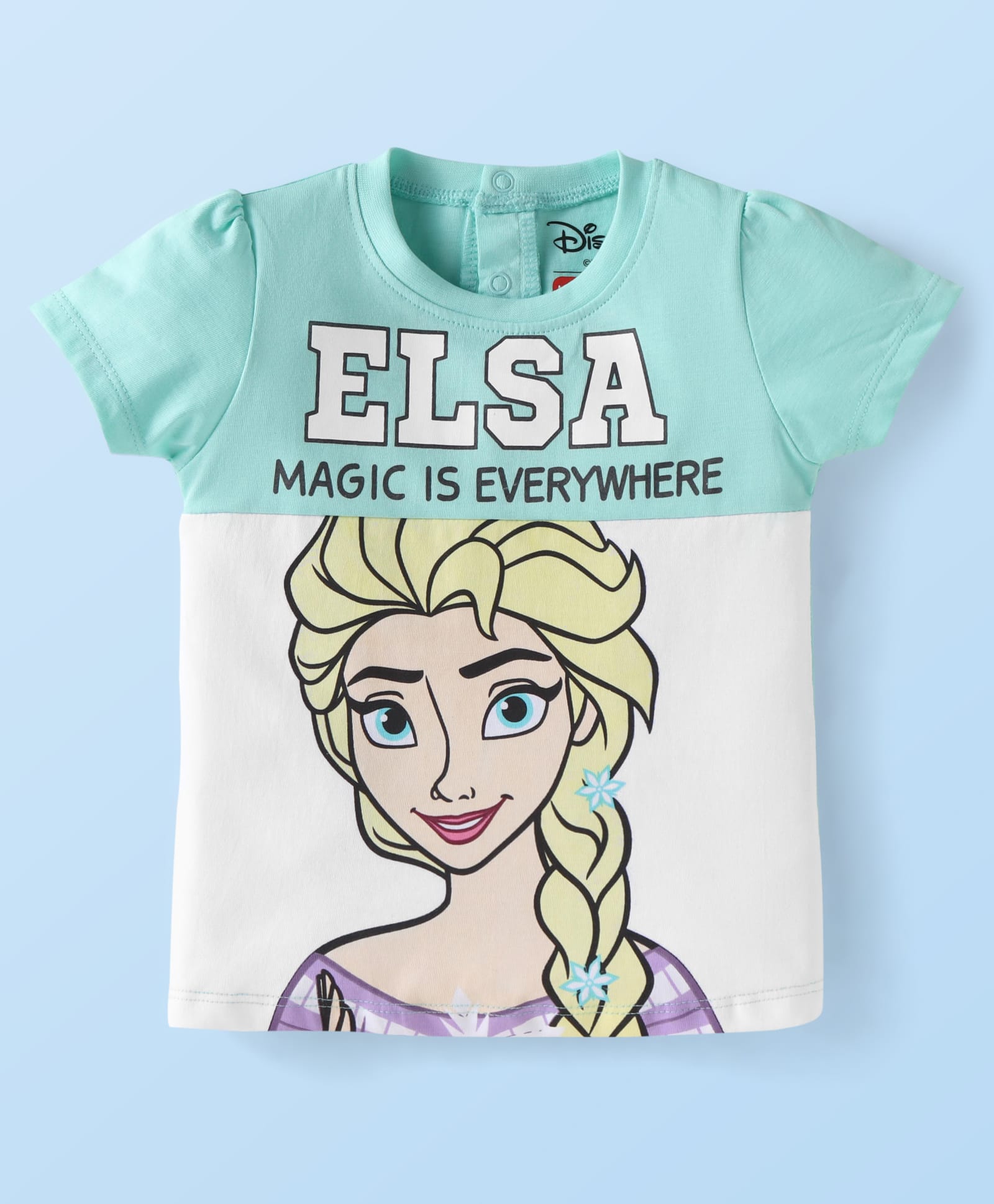 Babyhug Disney Single Jersey Knit Half Sleeves Cut & Sew Top with Elsa Graphic - White & Mint-image-36
