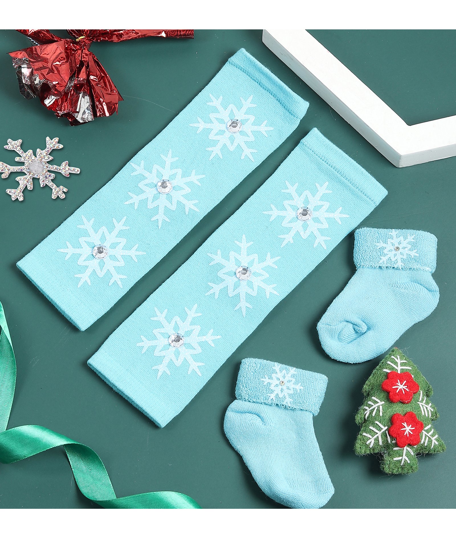 Tipy Tipy Tap Cotton Christmas Theme Snnowflakes Designed & Diamond Embellished Socks & Legwarmers Set - Blue-picture-13