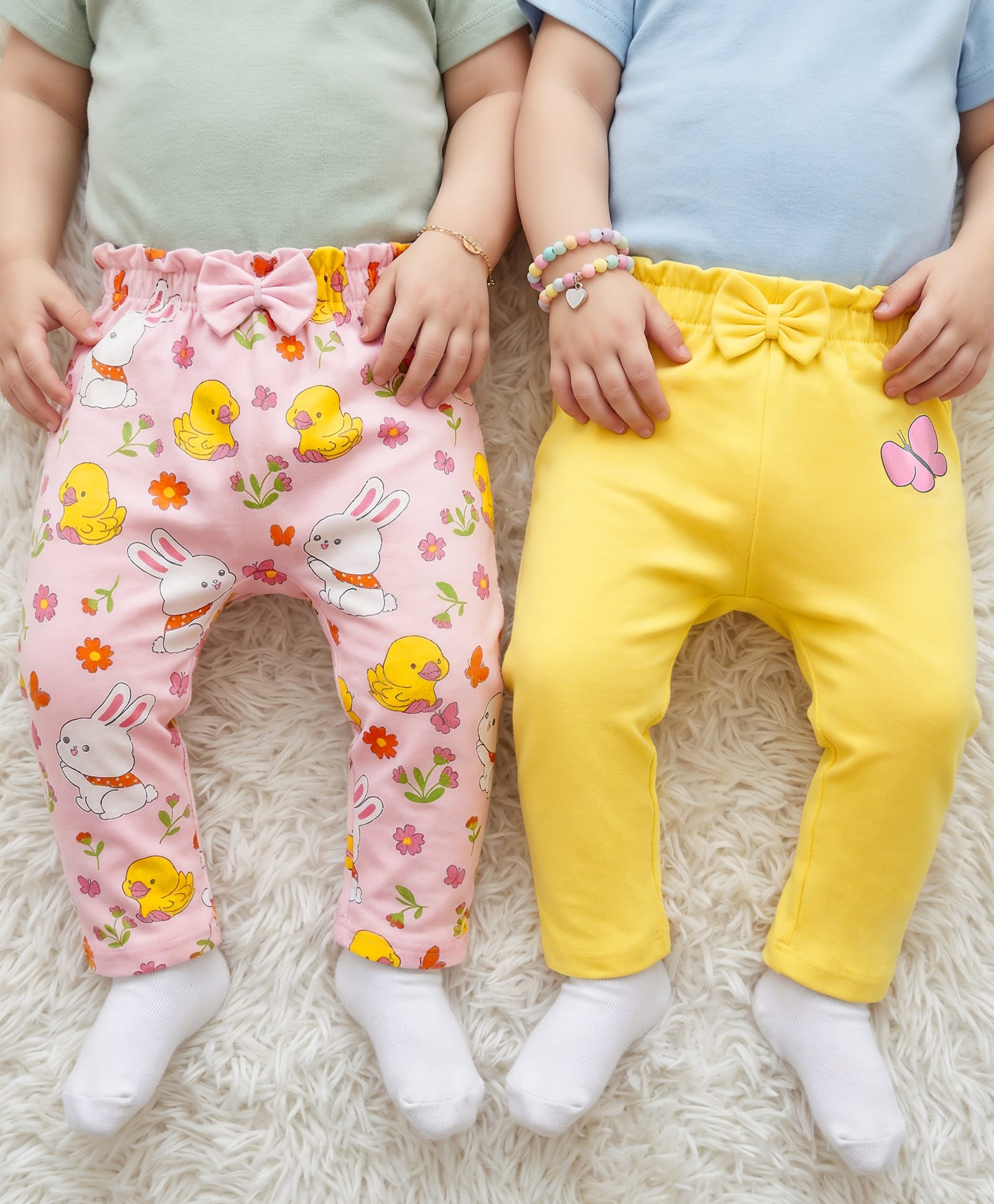 Babyoye Interlock Knit Diaper Leggings With Eco Jiva Finish & Bunny Print Pack Of 2 - Yellow & Pink-image-2