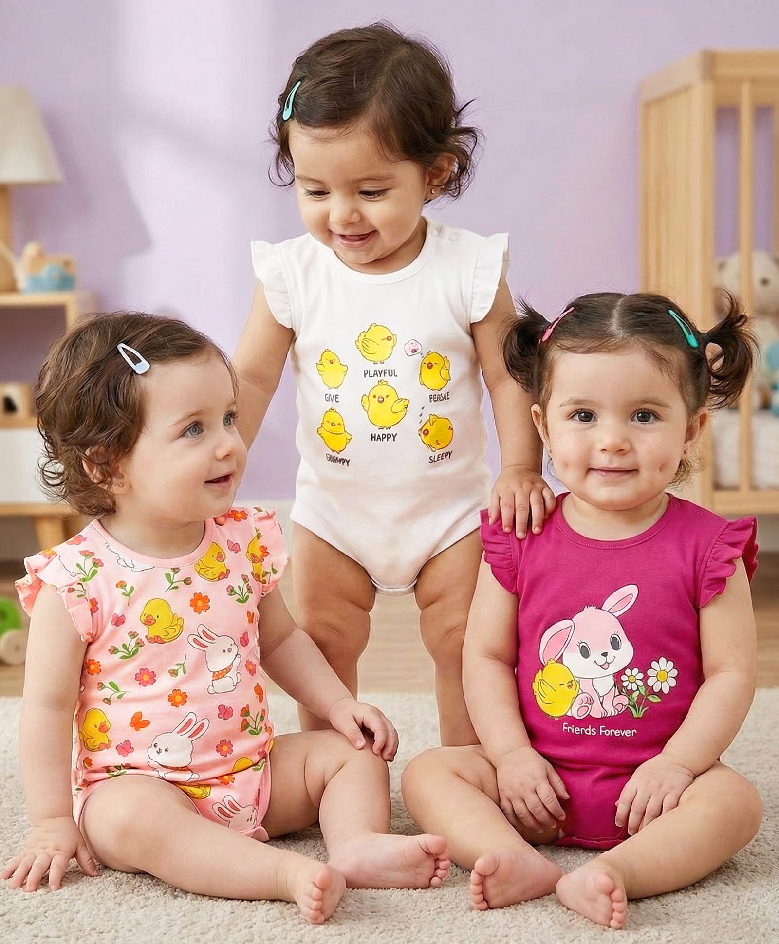 Babyoye Interlock Knit Sleeveless Onesies With Floral & Bunny Print Pack Of 3 - Red White & Light Red-picture-13