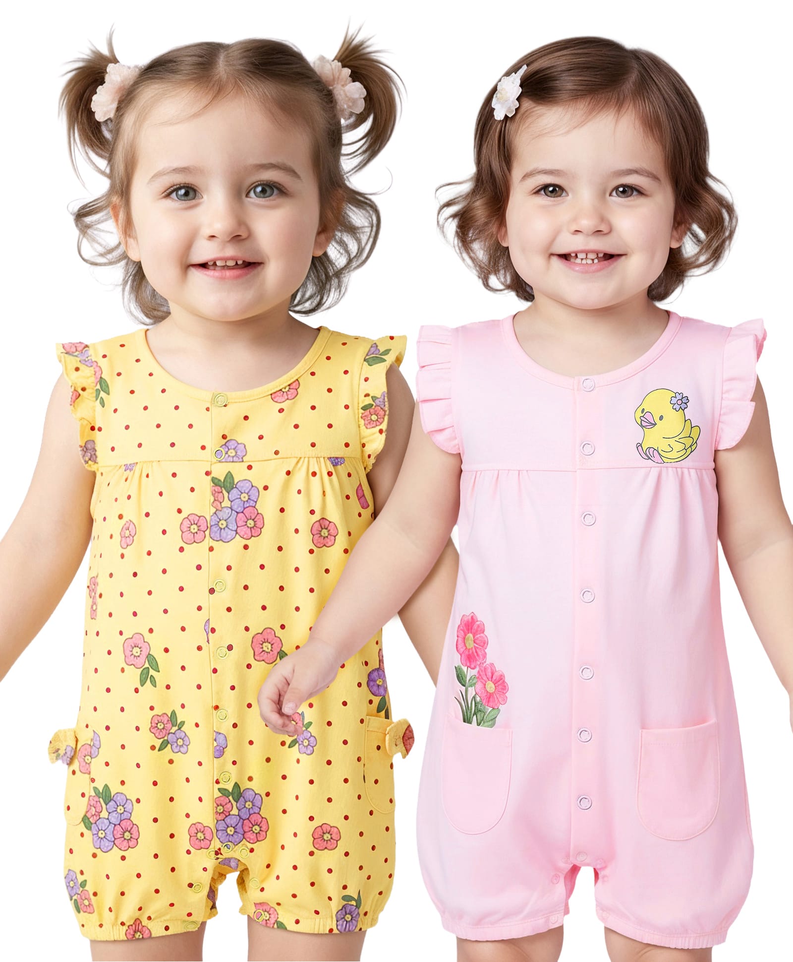 Babyoye Cotton Knit Frill Sleeves Floral Printed & Embroidered Rompers Pack of 2 - Yellow & Pink-image-29