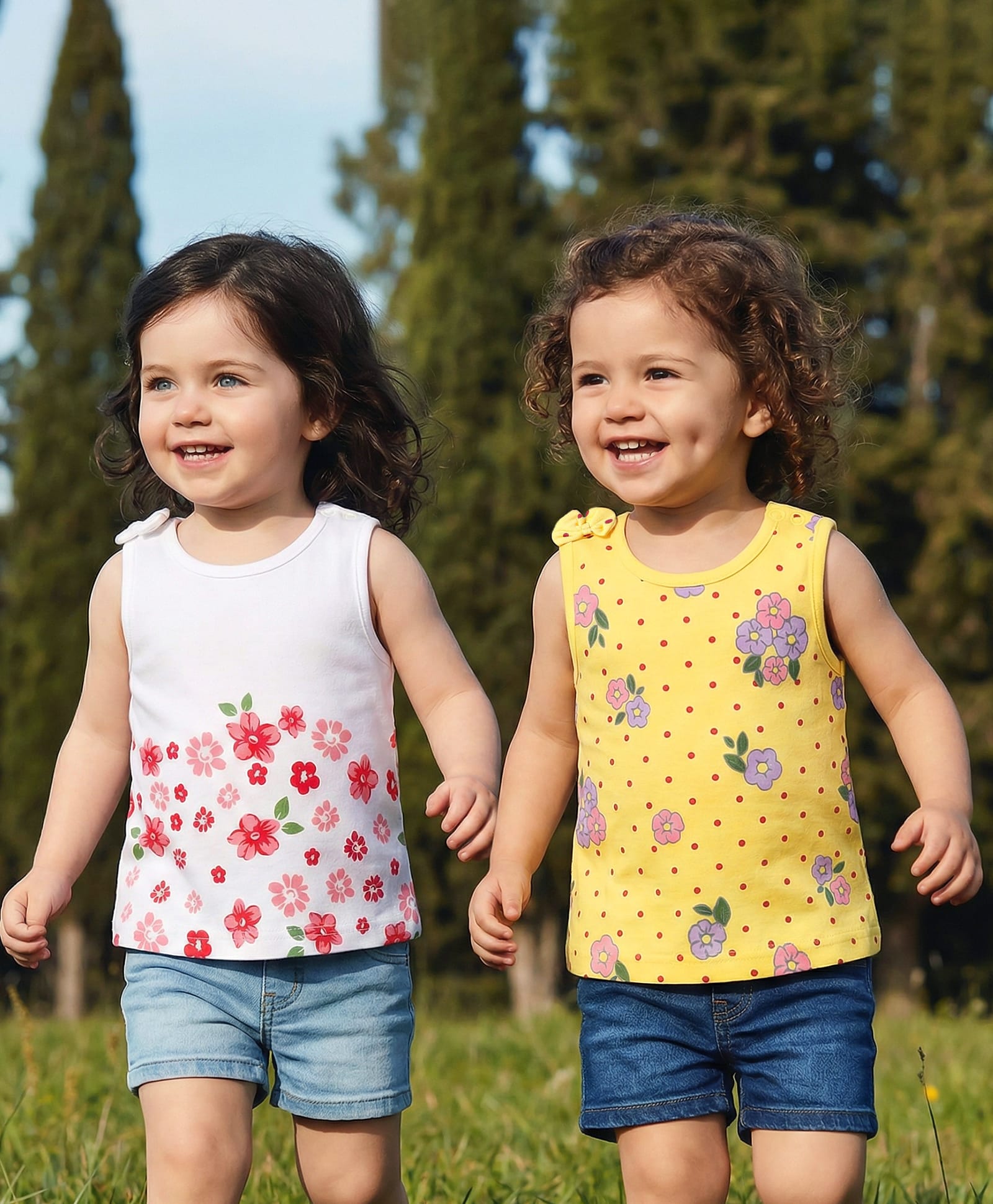 Babyoye Cotton Knit Sleeveless Tank T-Shirts With Floral Print & Bow Applique Pack Of 2 -White & Yellow-picture-8