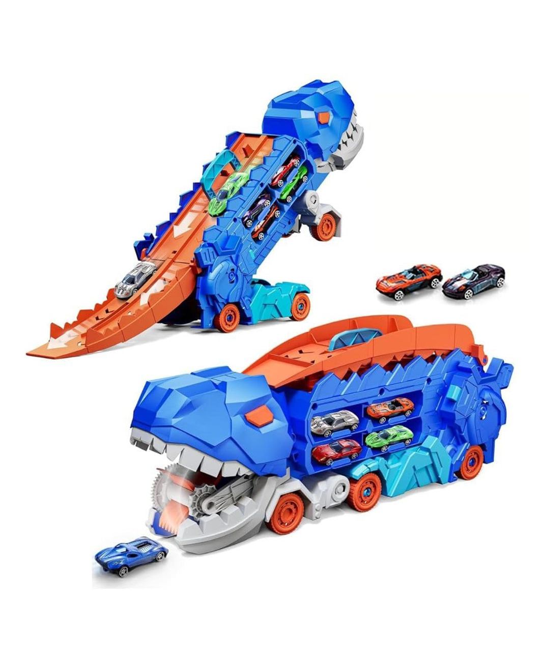 Happy Hues Dinosaur StorageTruck Toy- Transformable Into Standing Dinosaur- Foldable & Sliding 25-Inch Race Track with 2 Alloy Cars-Toddler Car Toys Set-picture-17
