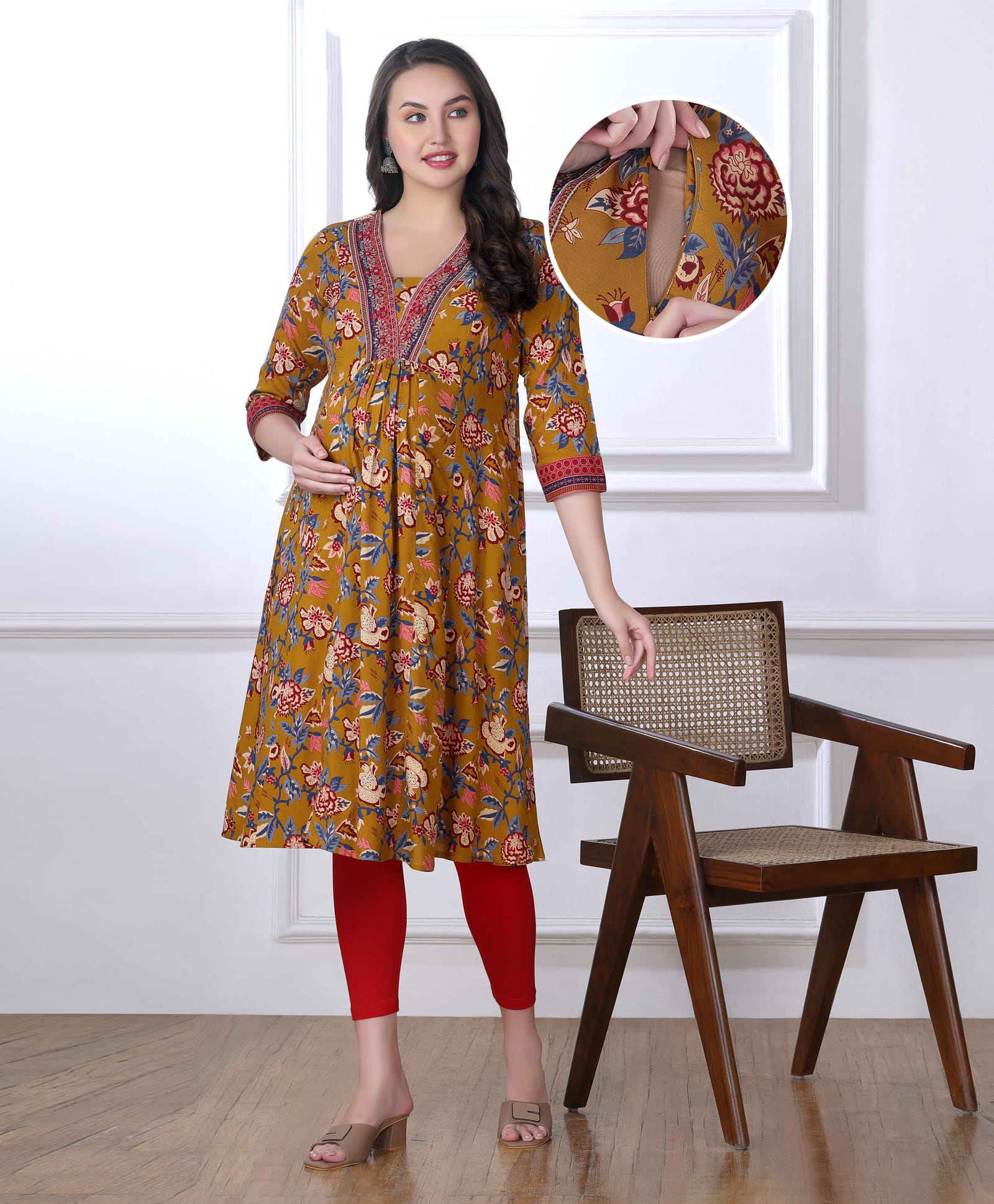 Bella Mama Woven Three Fourth Sleeves Floral Printed Maternity Kurta with Pocket - Mustard-image-34