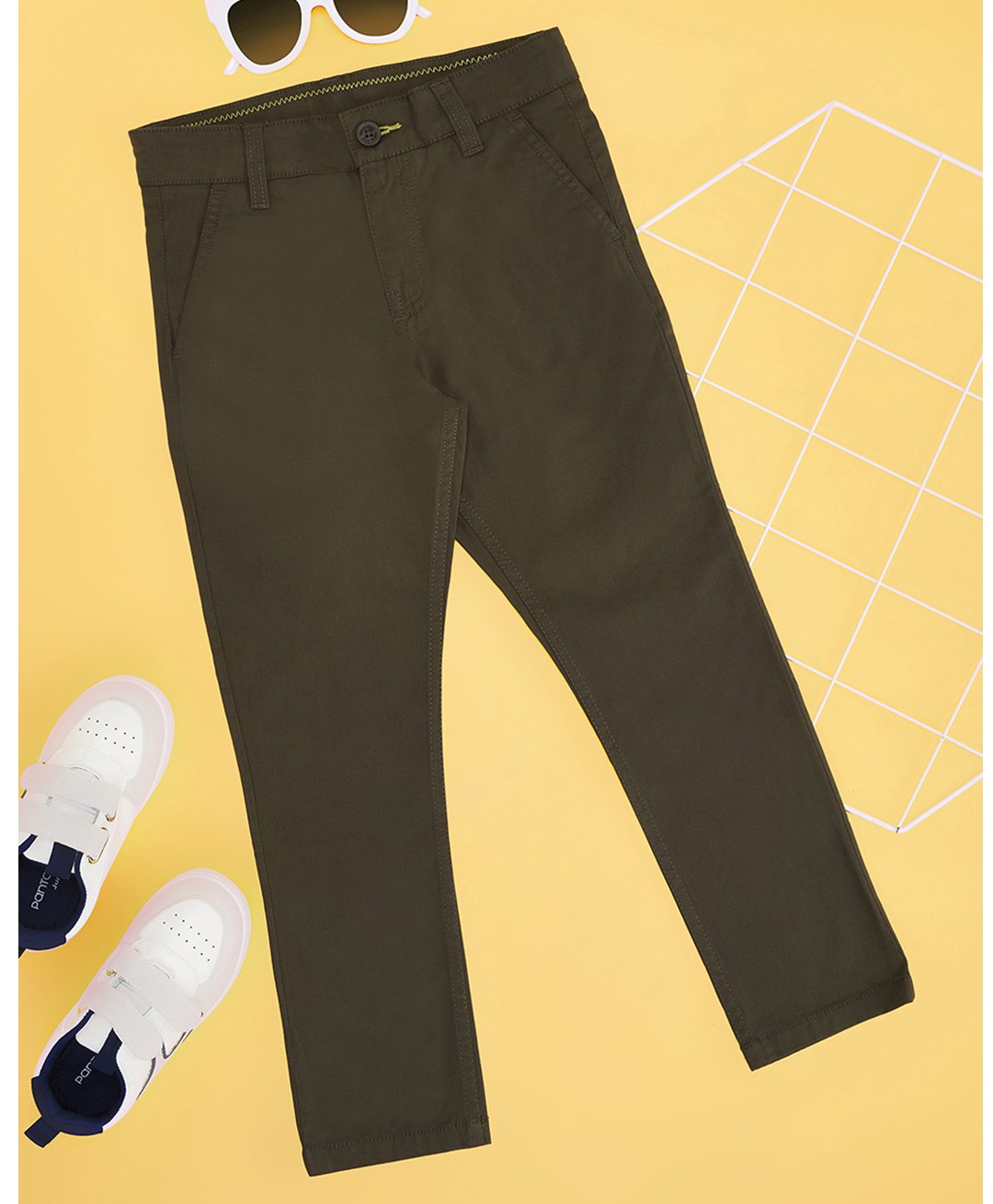 Pantaloons Junior Cotton Solid Trousers - Olive Green-image-1