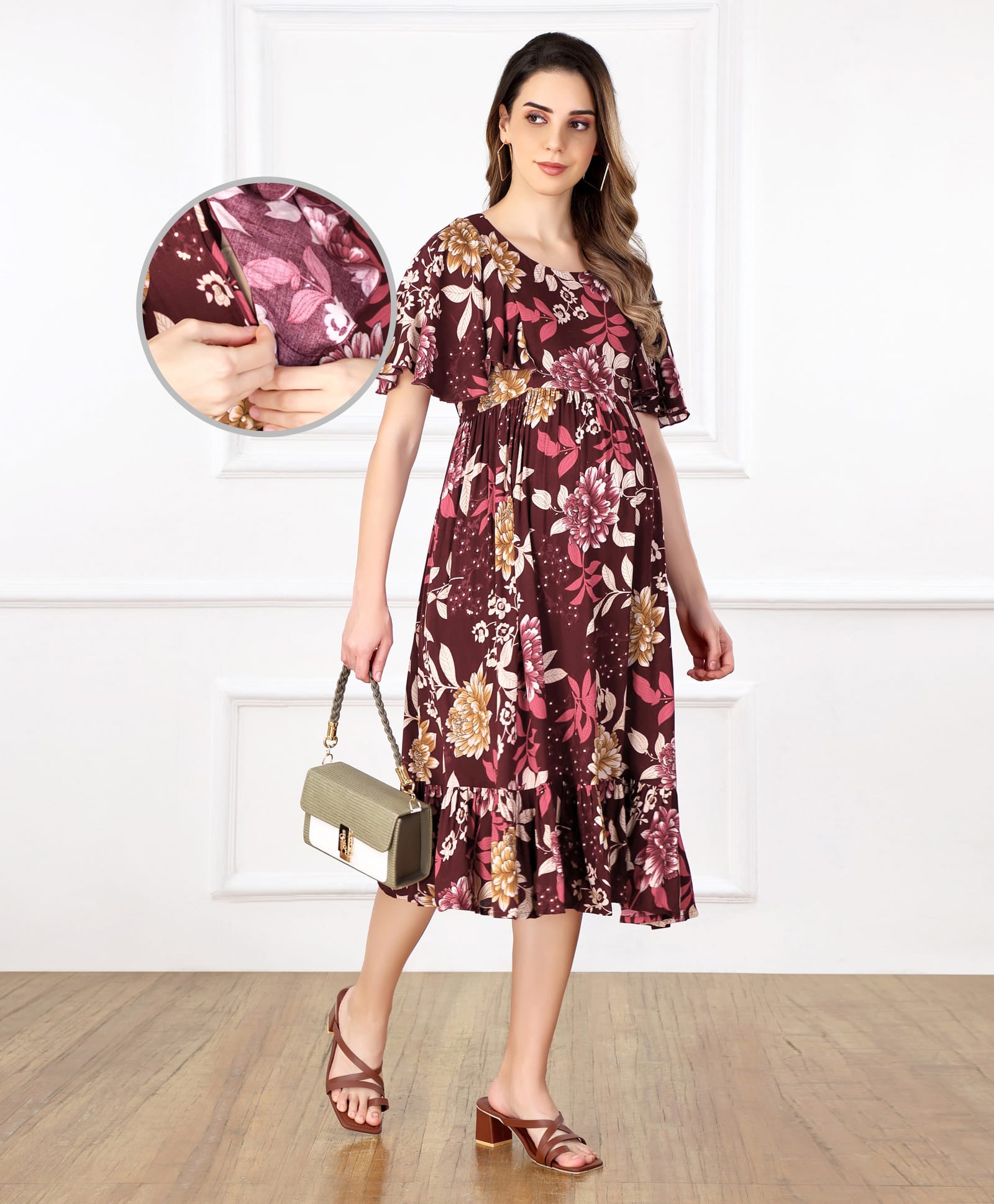 Bella Mama Women Flutter Sleeves Floral Printed Maternity Dress - Maroon-picture-11
