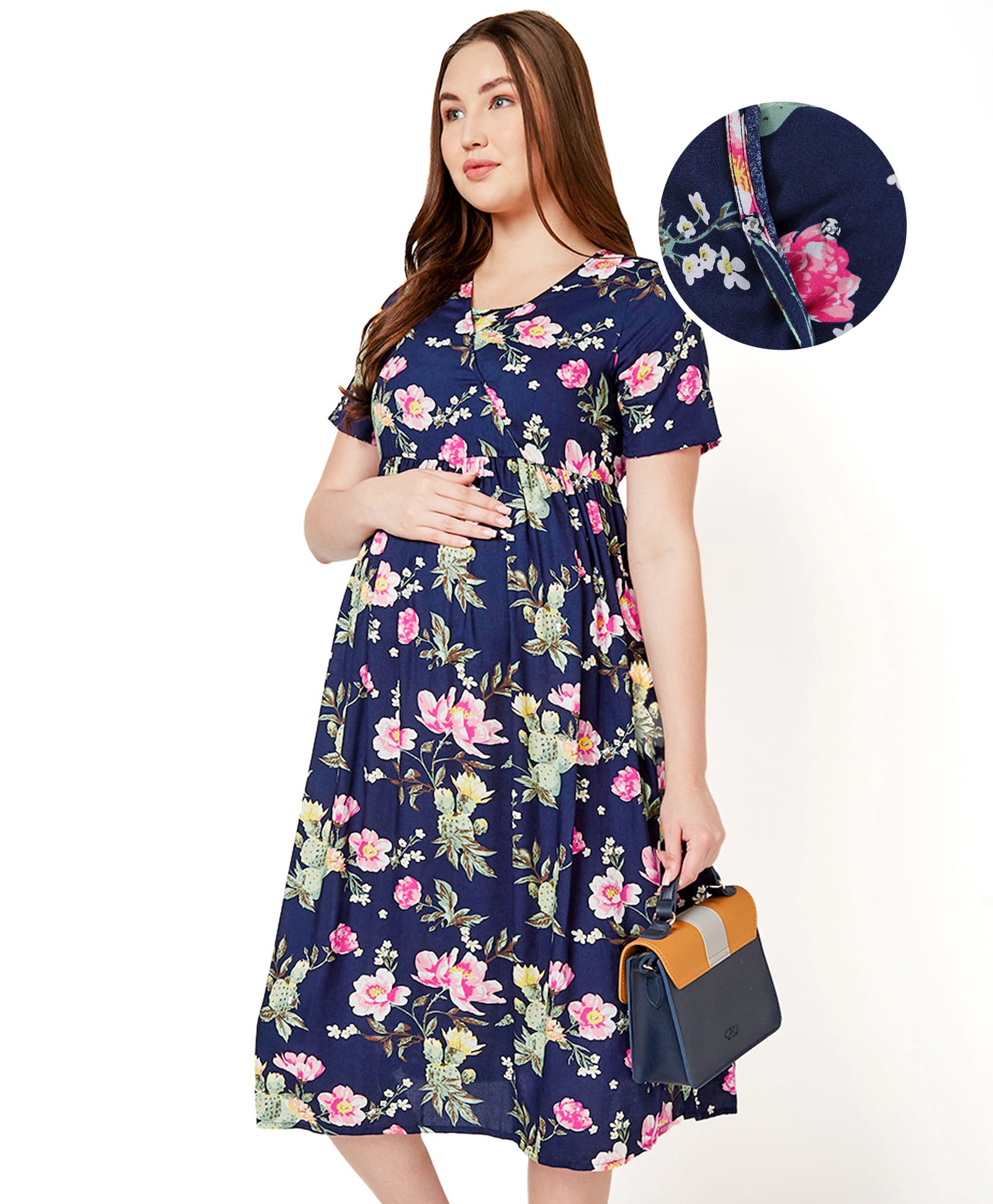 Bella Mama Women Short Sleeves Maternity Dress With Pocket & Flower Print - Navy Blue