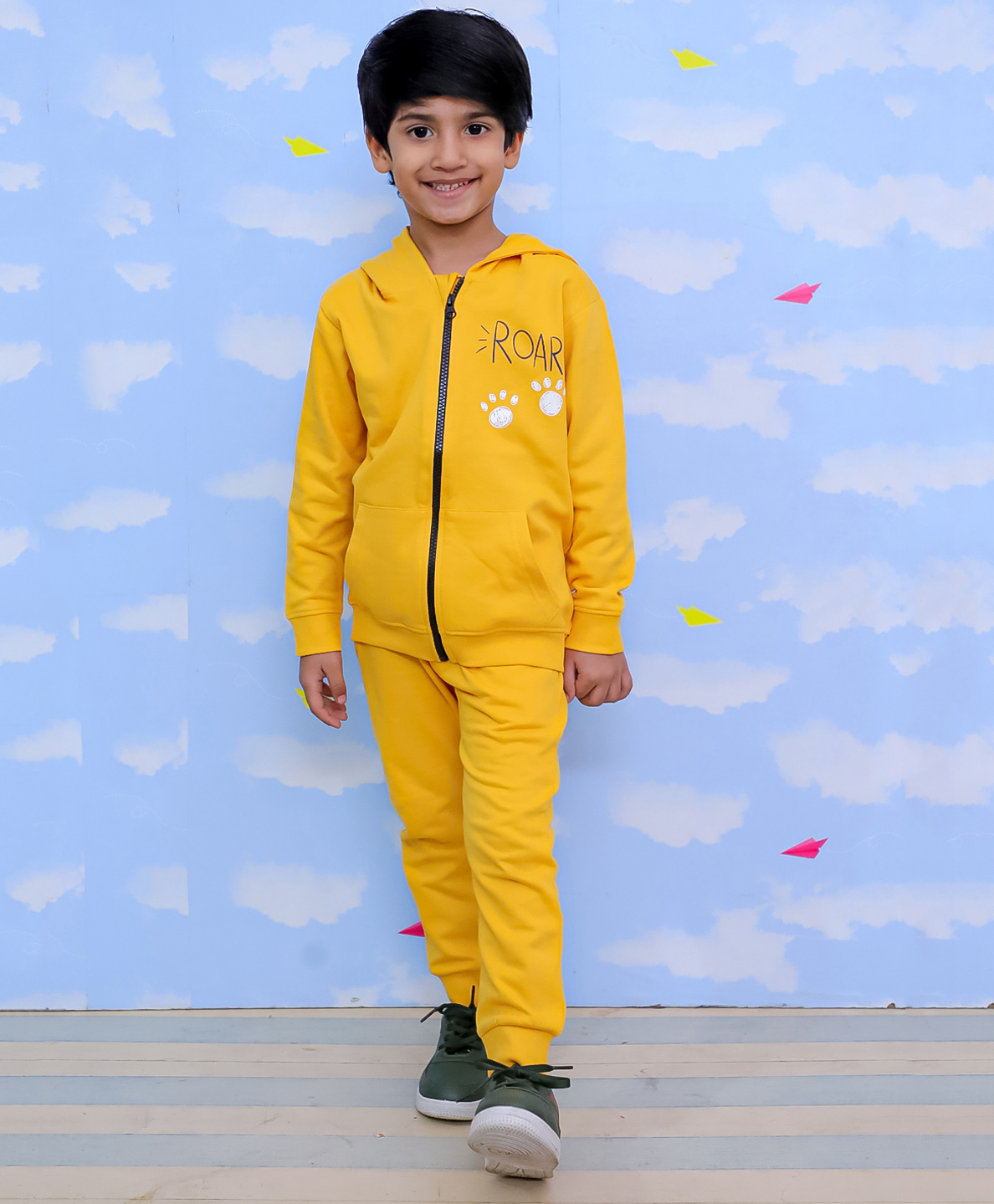 The Mom Store Cotton Full Sleeves Roar Text Printed Hooded Zipper Jacket With Joggers Set - Yellow-picture-34