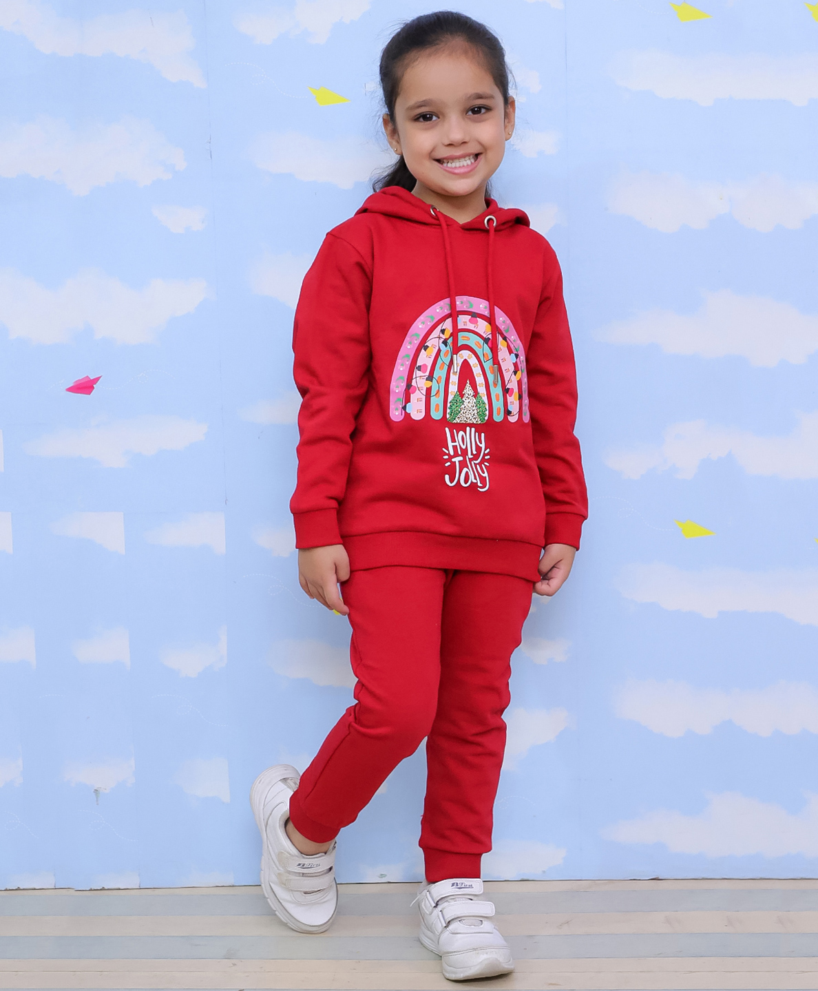 The Mom Store Cotton Full Sleeves Holly Jolly Text Printed Hoodie & Joggers Set - Maroon-picture-24