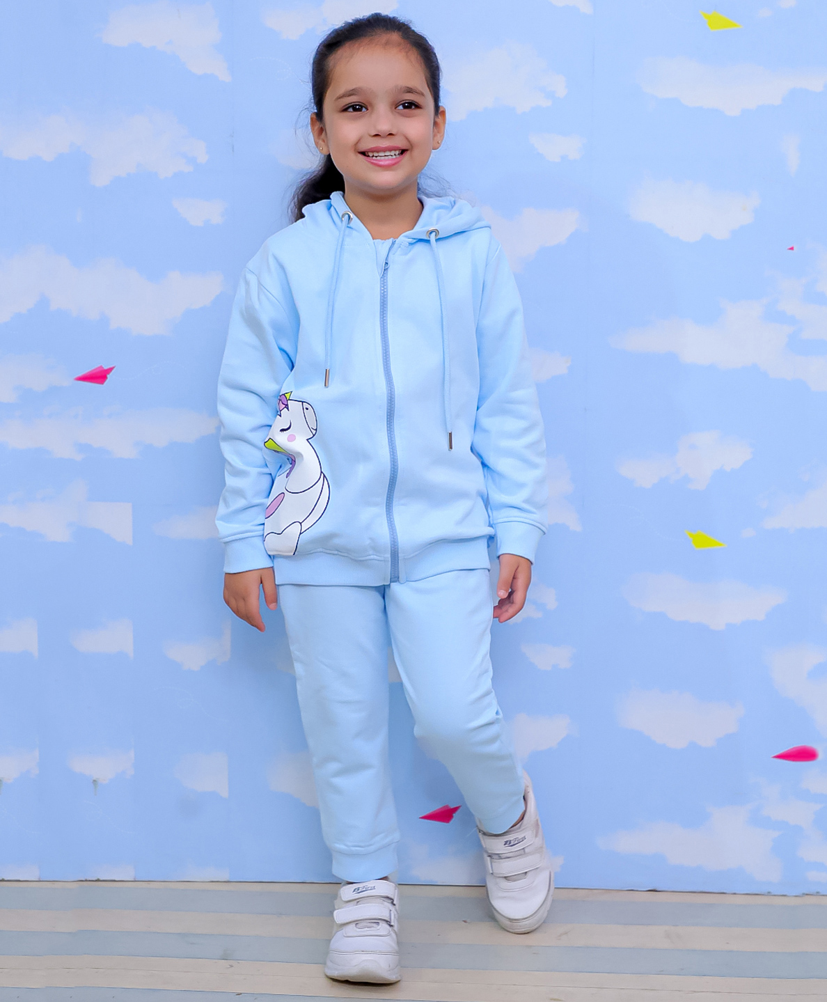 The Mom Store Cotton Full Sleeves Unicorn Printed Hoodie & Joggers Set - Sky Blue-picture-37