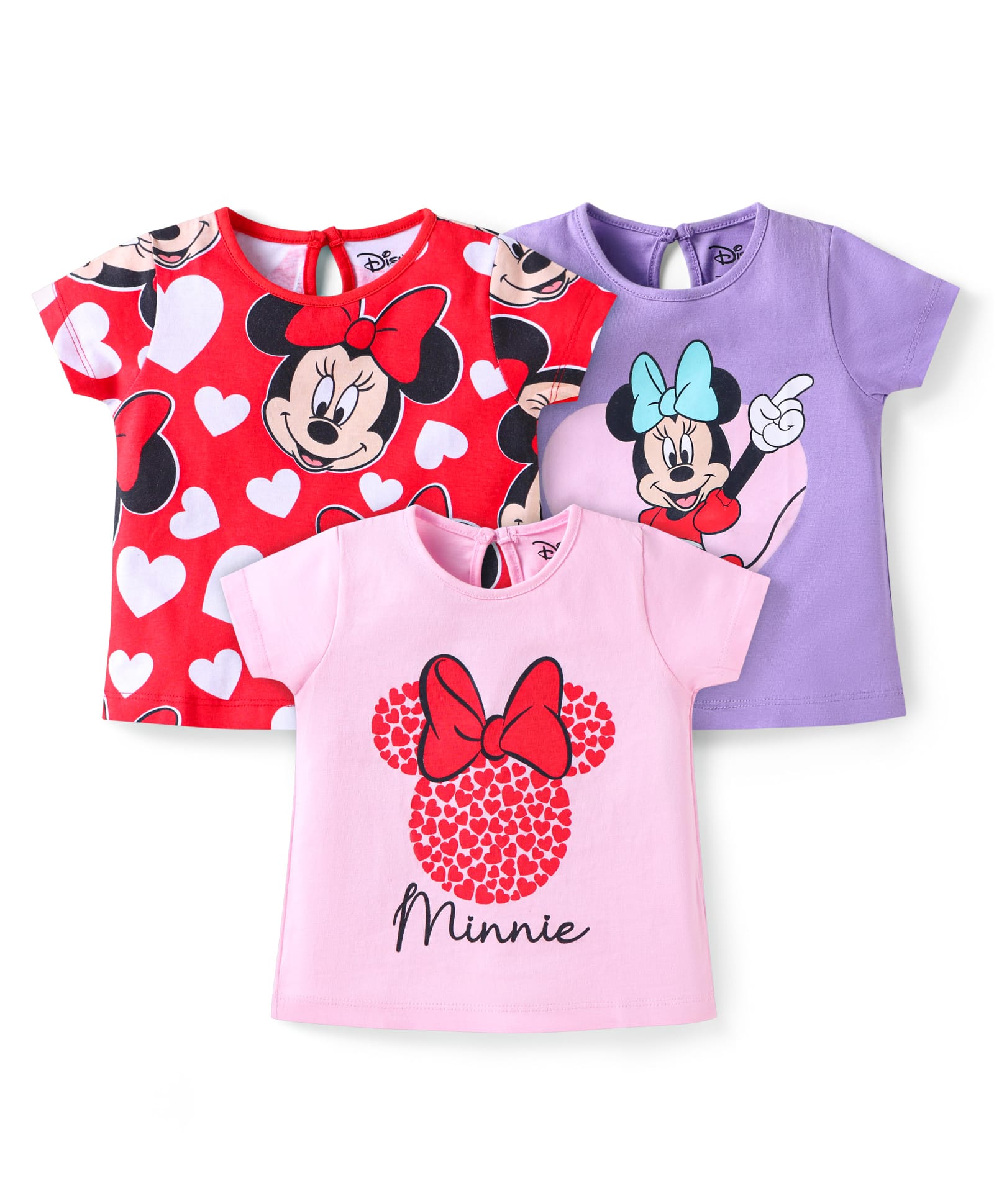 Babyhug Disney Single Jersey Knit Half Sleeve Tops with Minnie Mouse Graphics Pack of 3-Red Pink & Purple-picture-22