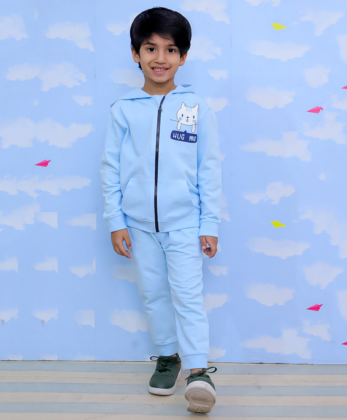 The Mom Store Cotton Full Sleeves Cat Printed Hoodie & Joggers Set - Sky Blue-picture-26