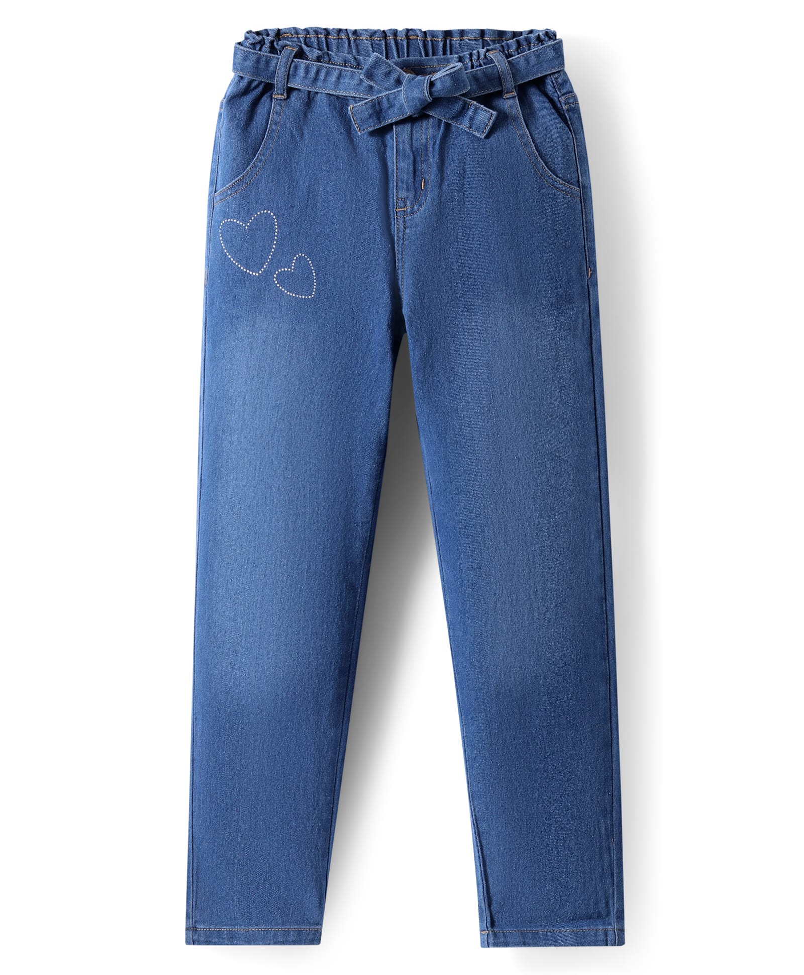 Pine Kids Full Length Washed Denim Jeans with Hearts Rhinestone Print - Blue-picture-12