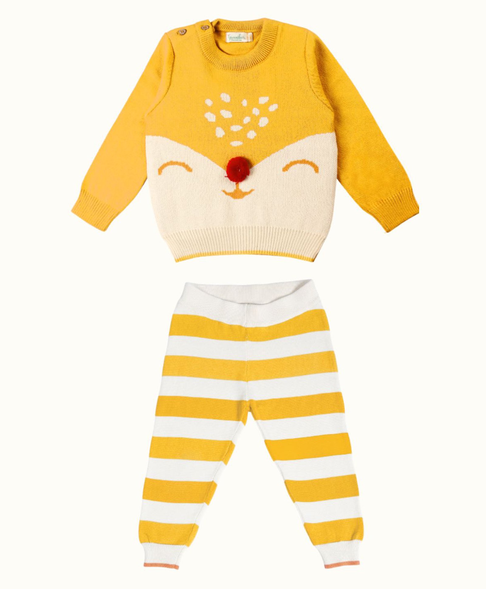 kids of greendeer Greendeer 100% Cotton Full Sleeves Fox Designed Sweater & Striped Pant Set - Mustard Yellow-picture-22
