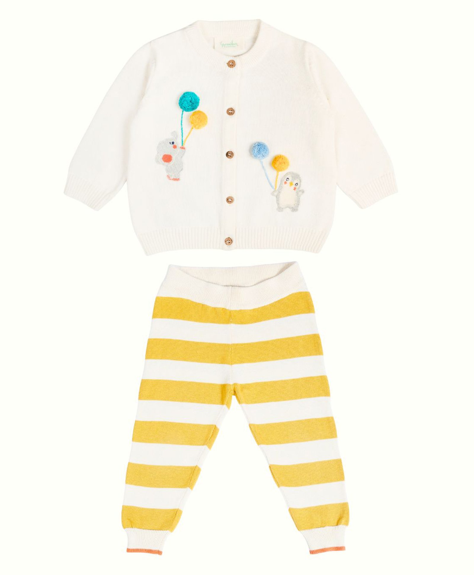 kids of greendeer Greendeer 100% Cotton Full Sleeves Animals Designed Sweater & Striped Pant Set - Creme & Yellow-picture-38