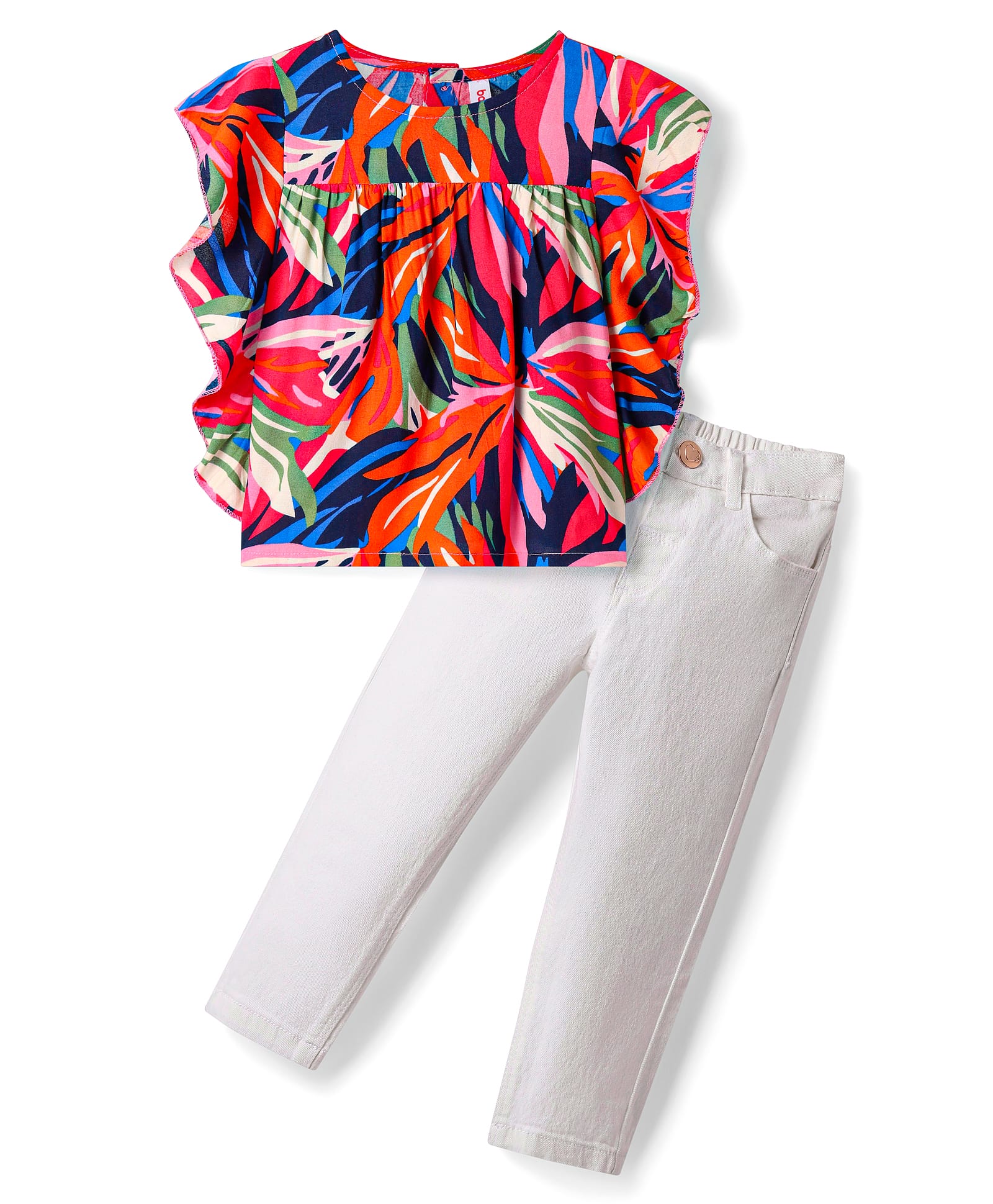 Babyhug Rayon Woven Flutter Sleeves Printed Top & Solid Denim Jeans Set - Red & White-image-41