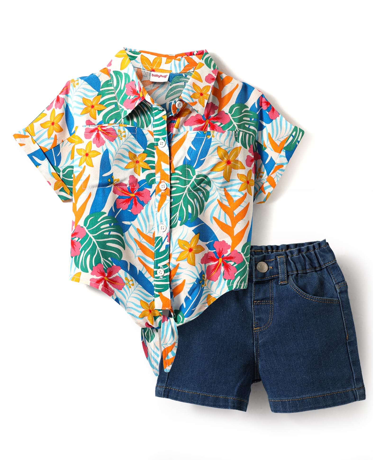 Babyhug Rayon Woven Half Sleeves Shirt Style Top & Shorts Set With Leaf & Floral Print - White & Blue-picture-22