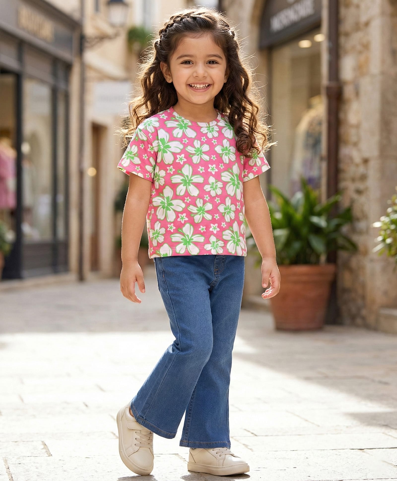 Babyhug Single Jersey Knit Half Sleeves Floral Printed Top & Solid Denim Jeggings Set - Pink & Blue-image-22