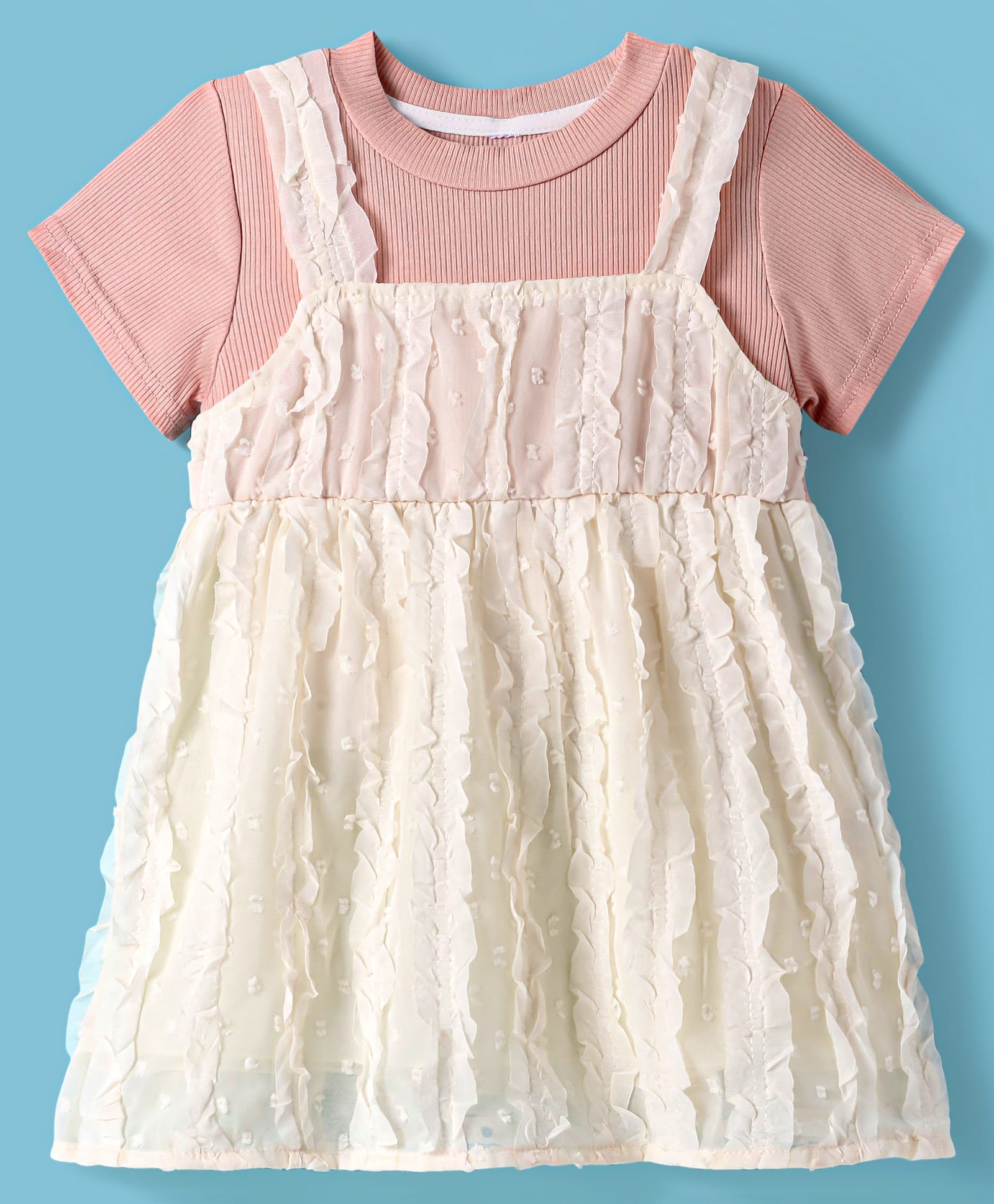 kookie kids india Kookie Kids Georgette Woven Half Sleeves Party Frock With Frill Detailing - Pink & Off White-picture-35