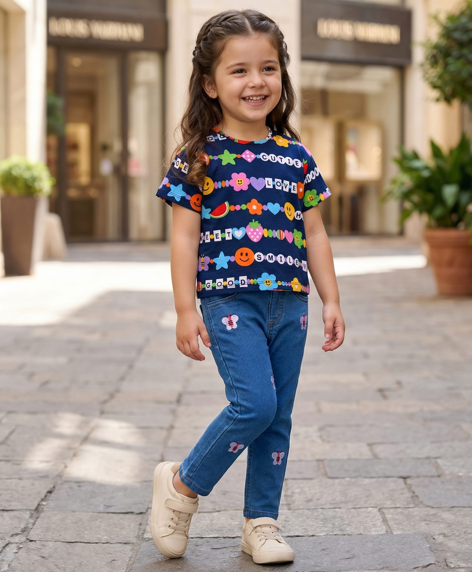 Babyhug Single Jersey Knit Half Sleeves T-Shirt & Jeans Set With Bracelet Print & Butterfly Embroidery - Navy Blue-picture-28