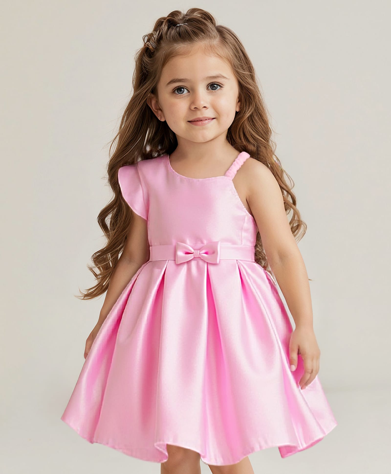 Babyhug Woven One Shoulder Sleeves Pleated Party Dress With Bow Applique - Pink-image-17