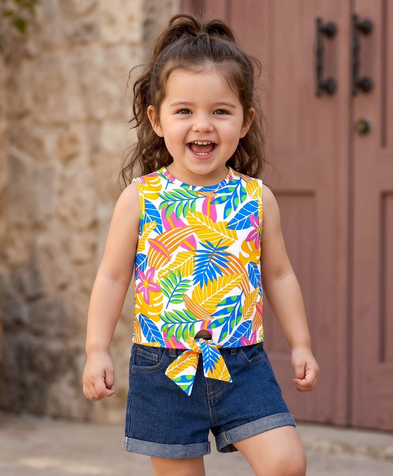 Babyhug Single Jersey Knit Sleeveless Top & Denim Shorts Set With Leaf Print - White & Blue-image-49