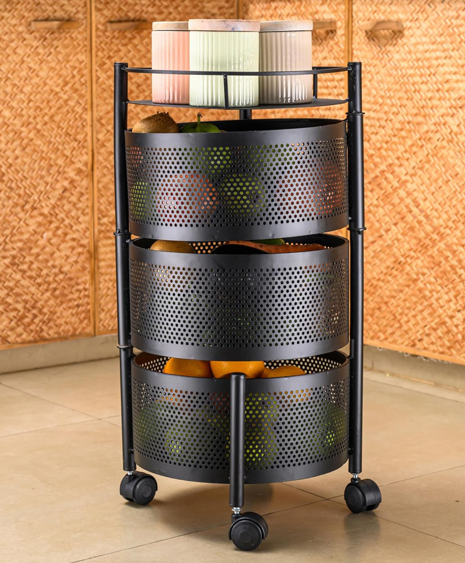 TEX-RO Kitchen Trolley with Wheels Kitchen Organizer Items & Storage Solutions for Round Kitchen Organizer & Kitchen Accessories Items Round Layer 3 - Black-image-2