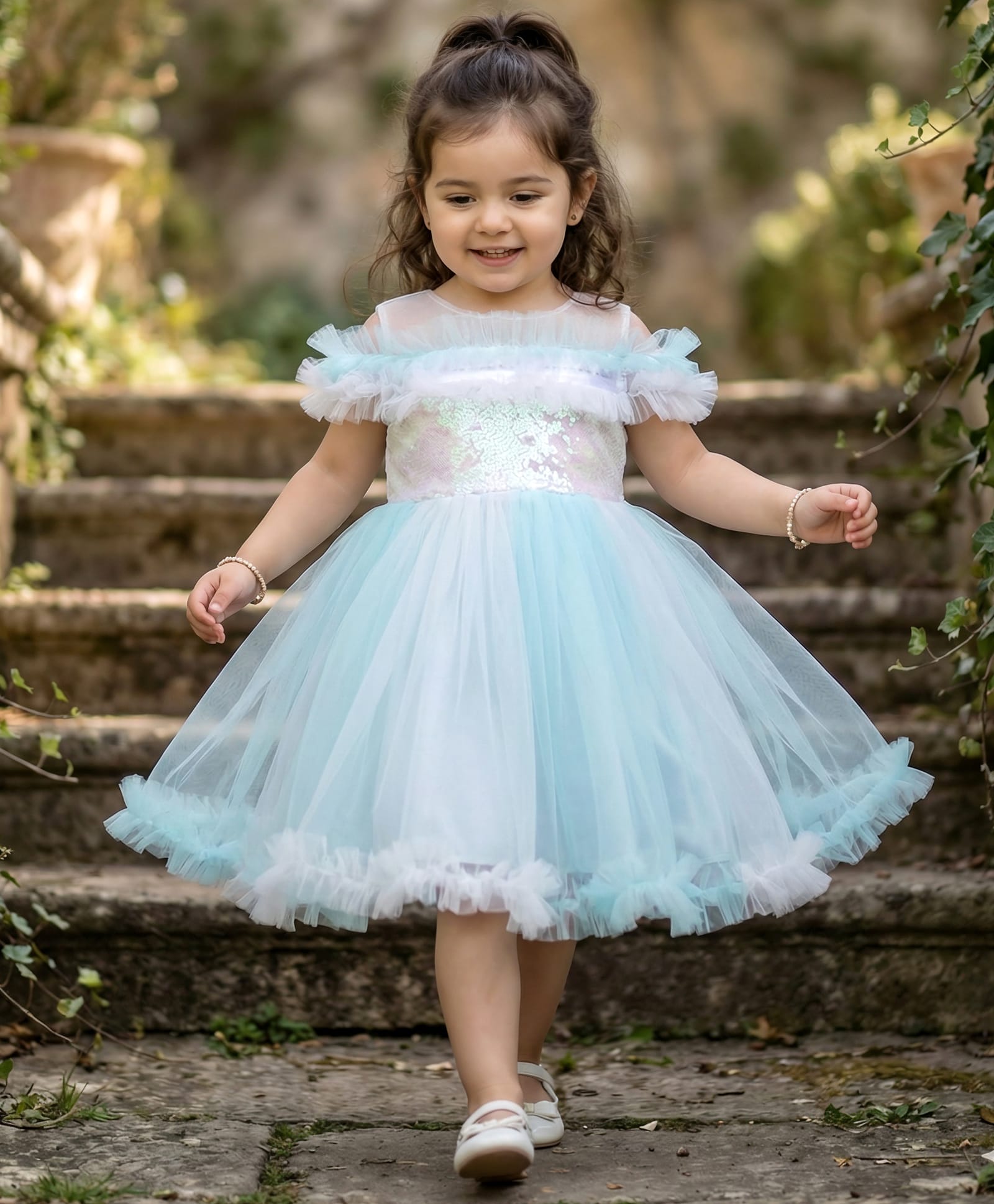 Babyhug Woven Sleeveless Party Dress With Sequinned & Ruffled Yoke - Light Blue-image-24