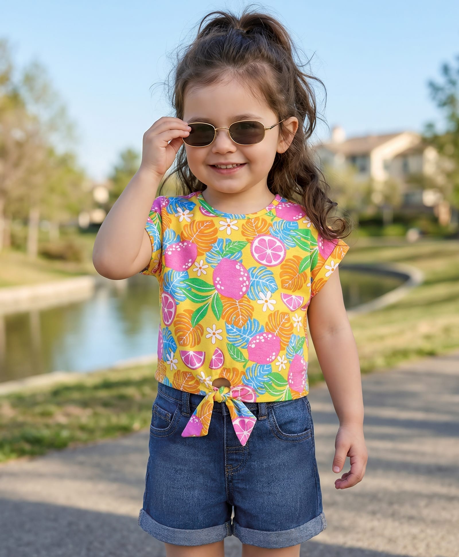 Babyhug Single Jersey Knit Half Sleeves Tropical Theme Printed Top & Solid Denim Shorts Set - Yellow & Blue-picture-13