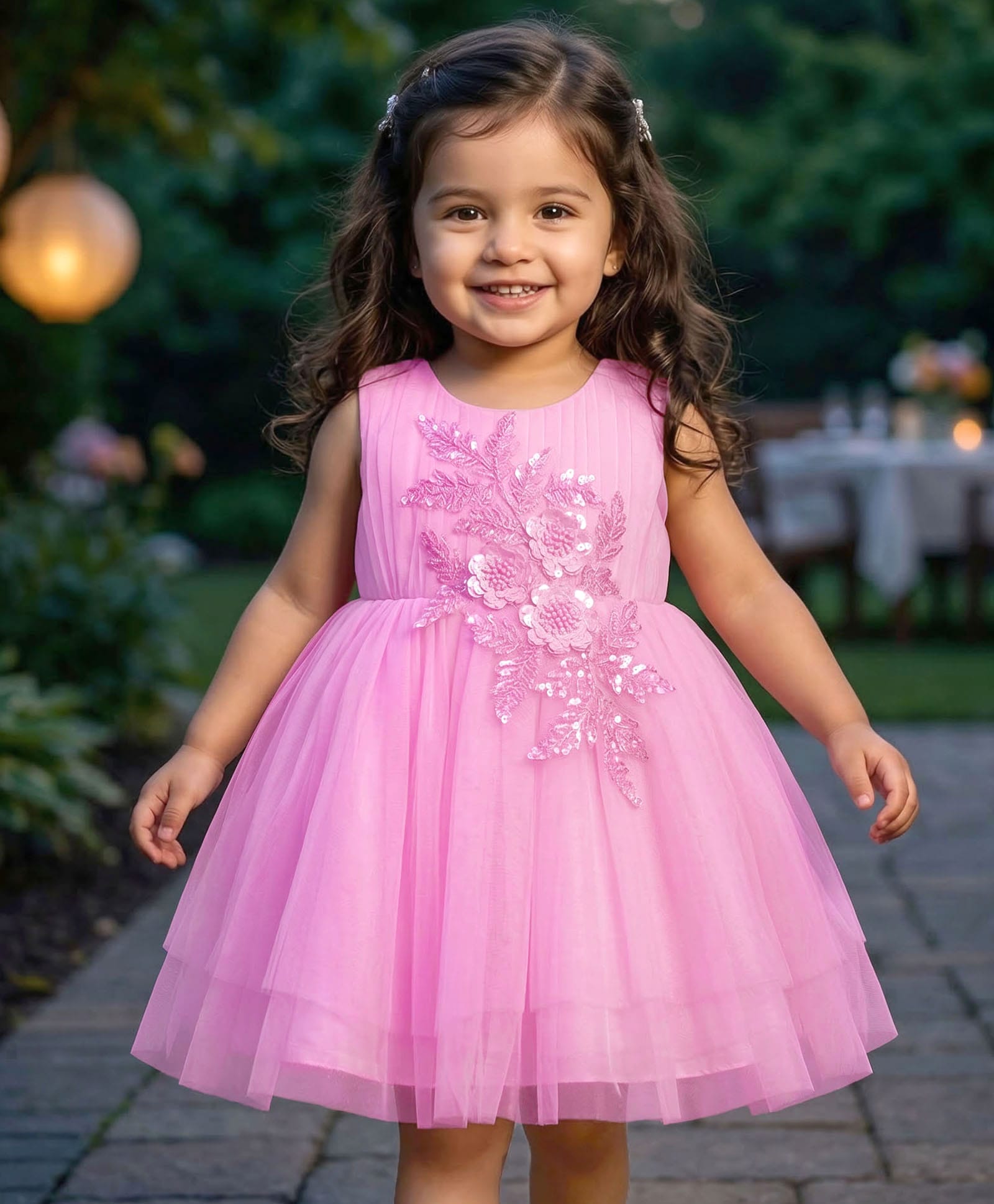 Babyhug Woven Sleeveless Fit & Flare Tiered Party Frock with Floral Applique & Sequin Detailing at Yoke - Pink-image-37