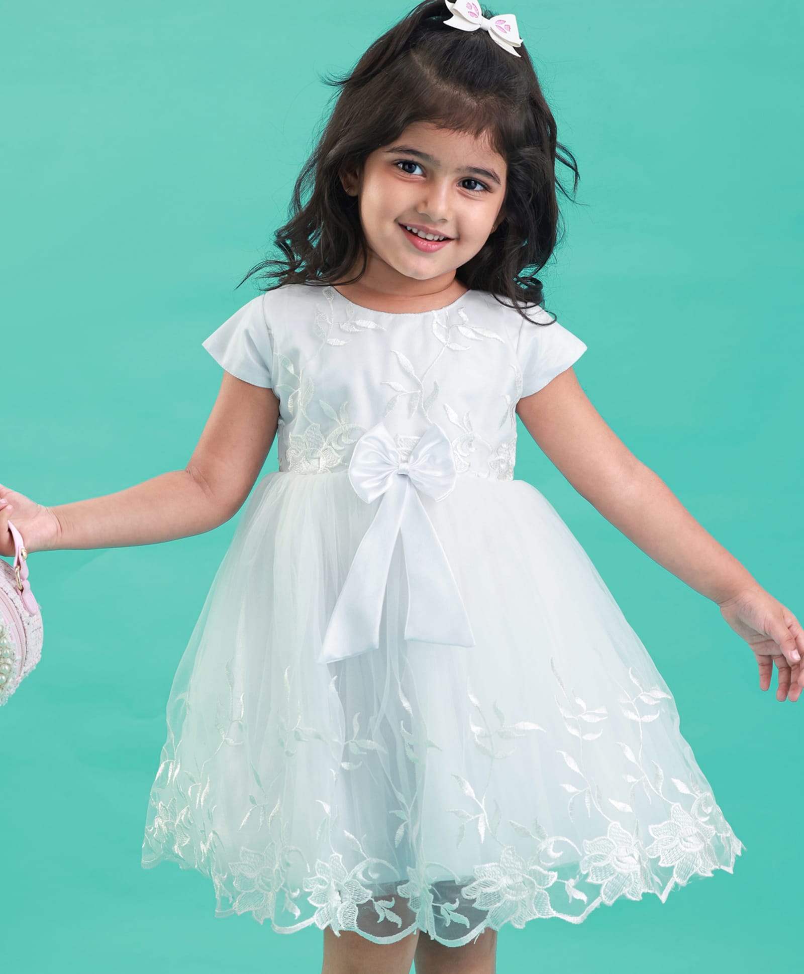 Babyhug Woven Cap Sleeves Party Dress With Floral Embroidery & Bow Applique - White-picture-16