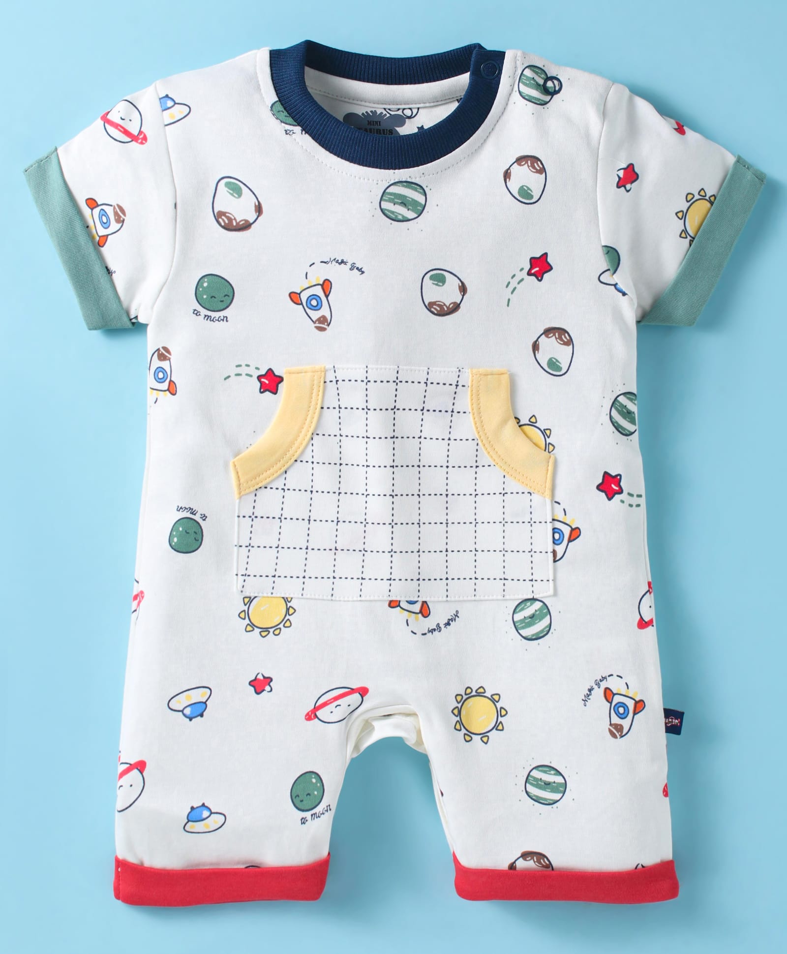 Mini Taurus Cotton Knit Half Sleeves Romper With Space Theme Print - Off White-picture-25
