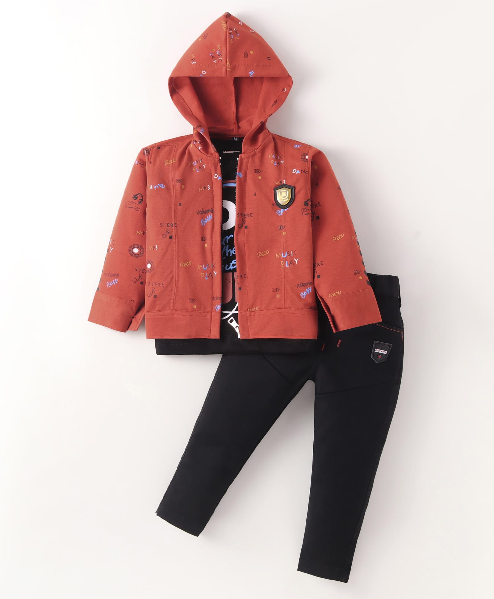 Dapper Dudes Full Sleeves Typography Printed Hooded Jacket With Tee & Pant Set - Dark Orange-image-48