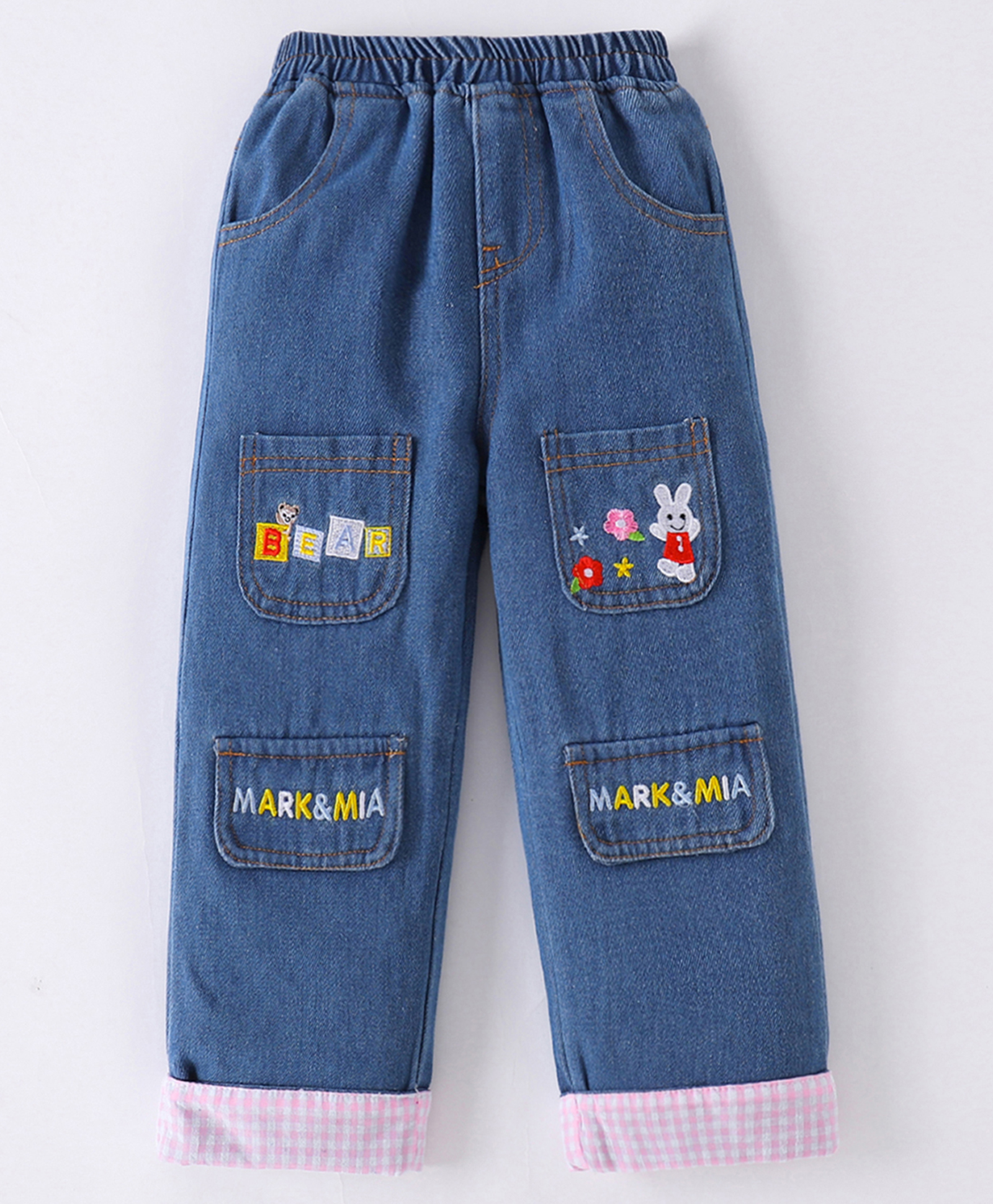 Mark & Mia Cotton Blend Full LengthWashed Jeans with Bunny Embroidery - Navy Blue & Pink-picture-10