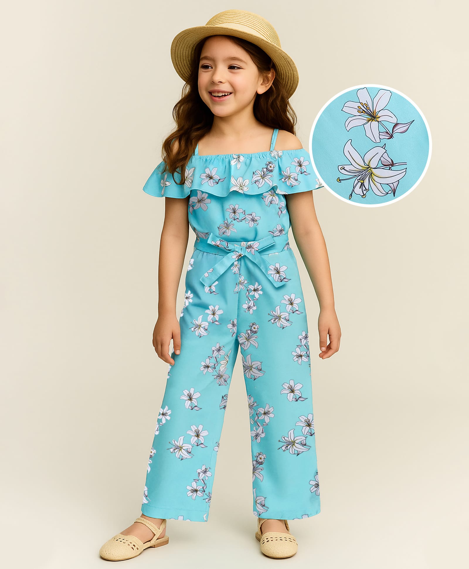 Mark & Mia Cotton Cold Shoulder Jumpsuit with Floral Print - Light Blue-picture-20