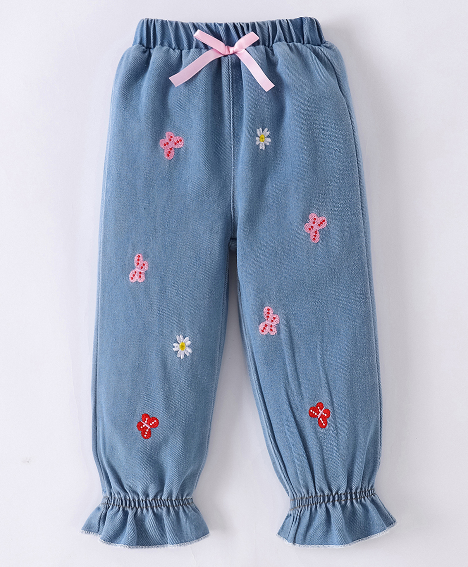 Mark & Mia Cotton Blend Full Length Washed Jeans with Floral & Butterfly Embroidery - Light Blue-picture-19
